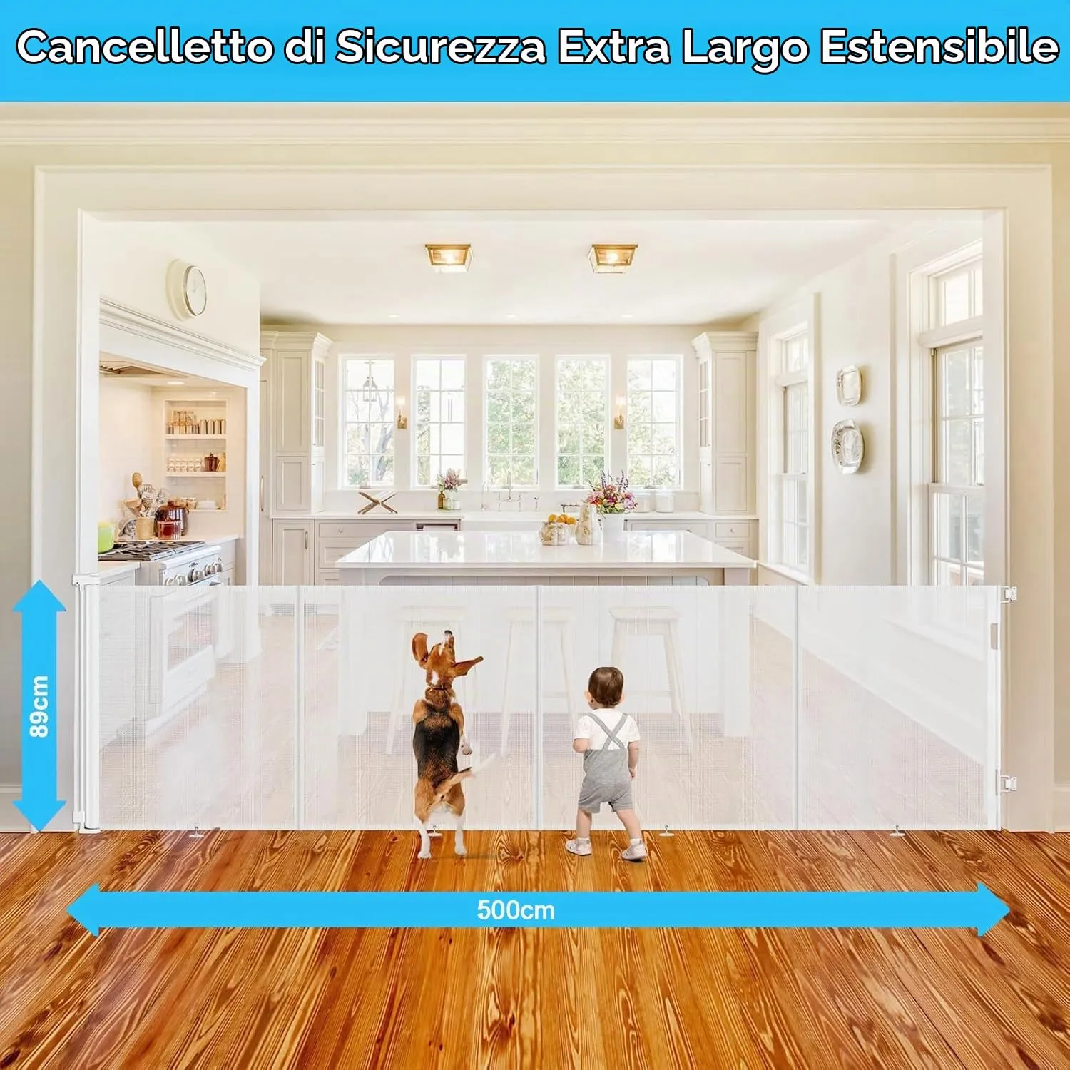 Griglia di protezione per scale, allungabile, 500 cm Porta retrattile e cancelletto per bambini e animali domestici, utilizzabile con una sola mano, per scale, porte, interni ed esterni - immagine 4