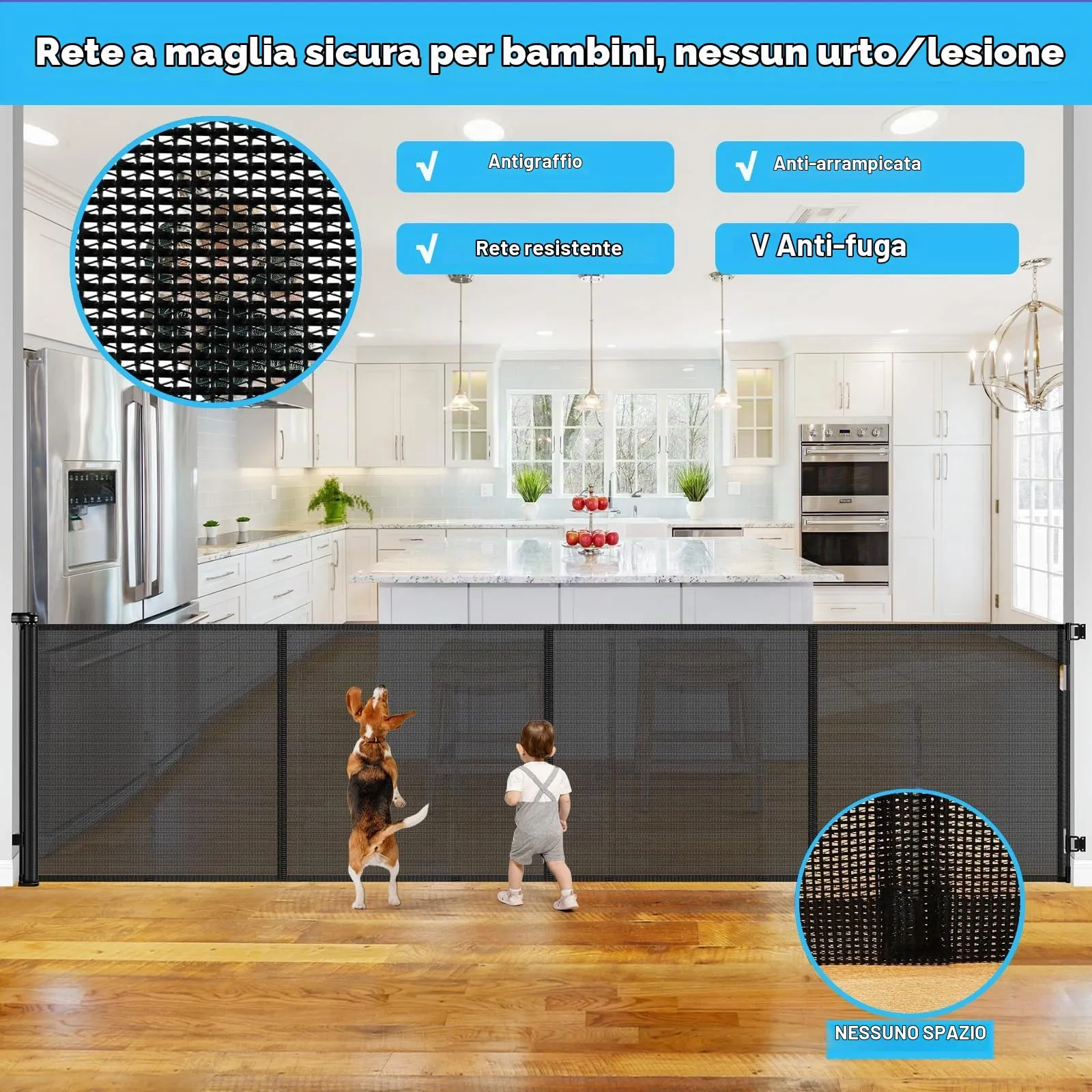 Griglia di protezione per scale, allungabile, 500 cm Porta retrattile e cancelletto per bambini e animali domestici, utilizzabile con una sola mano, per scale, porte, interni ed esterni - immagine 6