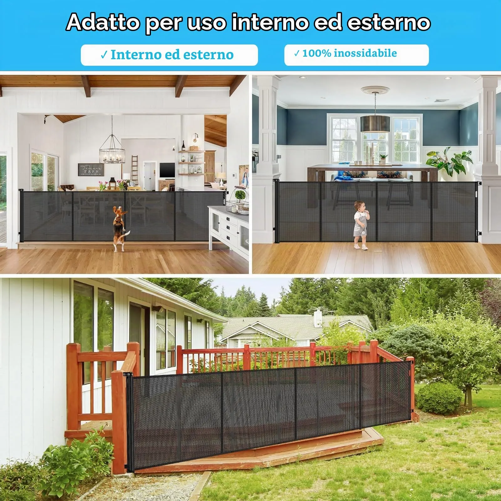 Griglia di protezione per scale, allungabile, 500 cm Porta retrattile e cancelletto per bambini e animali domestici, utilizzabile con una sola mano, per scale, porte, interni ed esterni - immagine 7