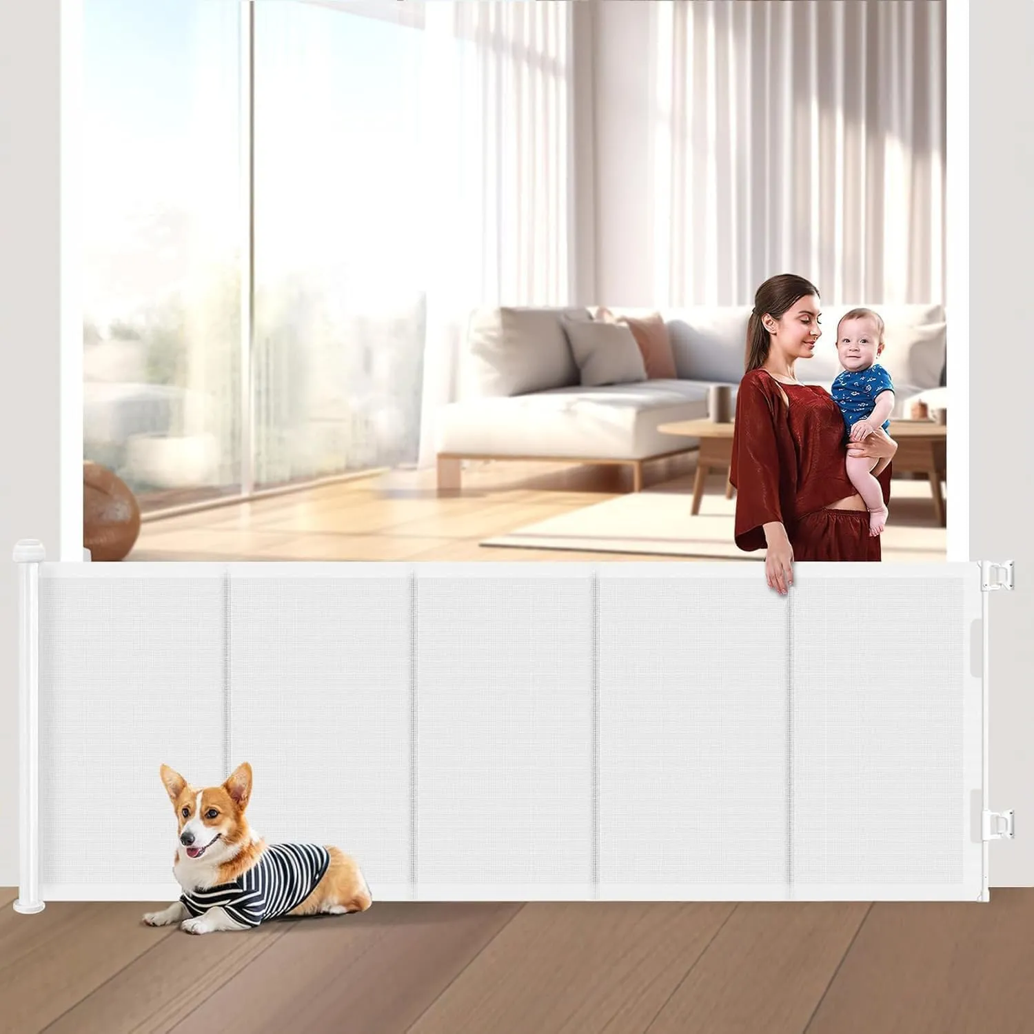 Griglia di protezione per scale, allungabile, 300 cm Porta retrattile e cancelletto per bambini e animali domestici, utilizzabile con una sola mano, per scale, porte, interni ed esterni - immagine 1