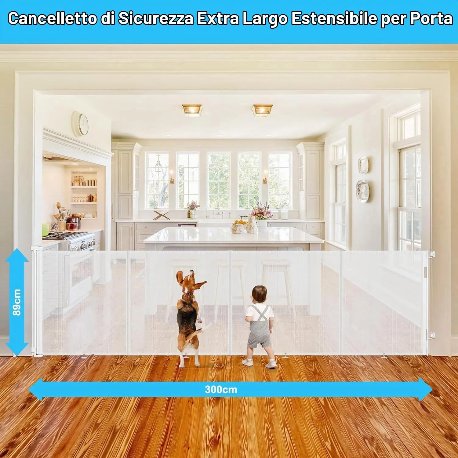 Griglia di protezione per scale, allungabile, 300 cm Porta retrattile e cancelletto per bambini e animali domestici, utilizzabile con una sola mano, per scale, porte, interni ed esterni - immagine 4