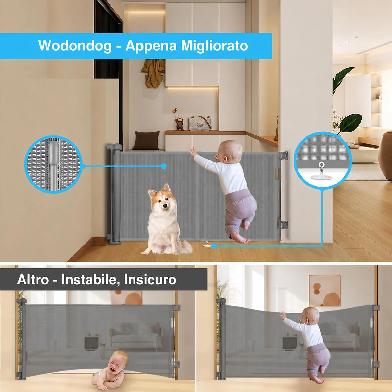 Cancelletto estensibile per scale, 0-200 cm Barriera di sicurezza per bambini estensibile, Barriera di sicurezza arrotolabile per Scale, cancelletti di sicurezza adatto per interni ed esterni - immagine 2