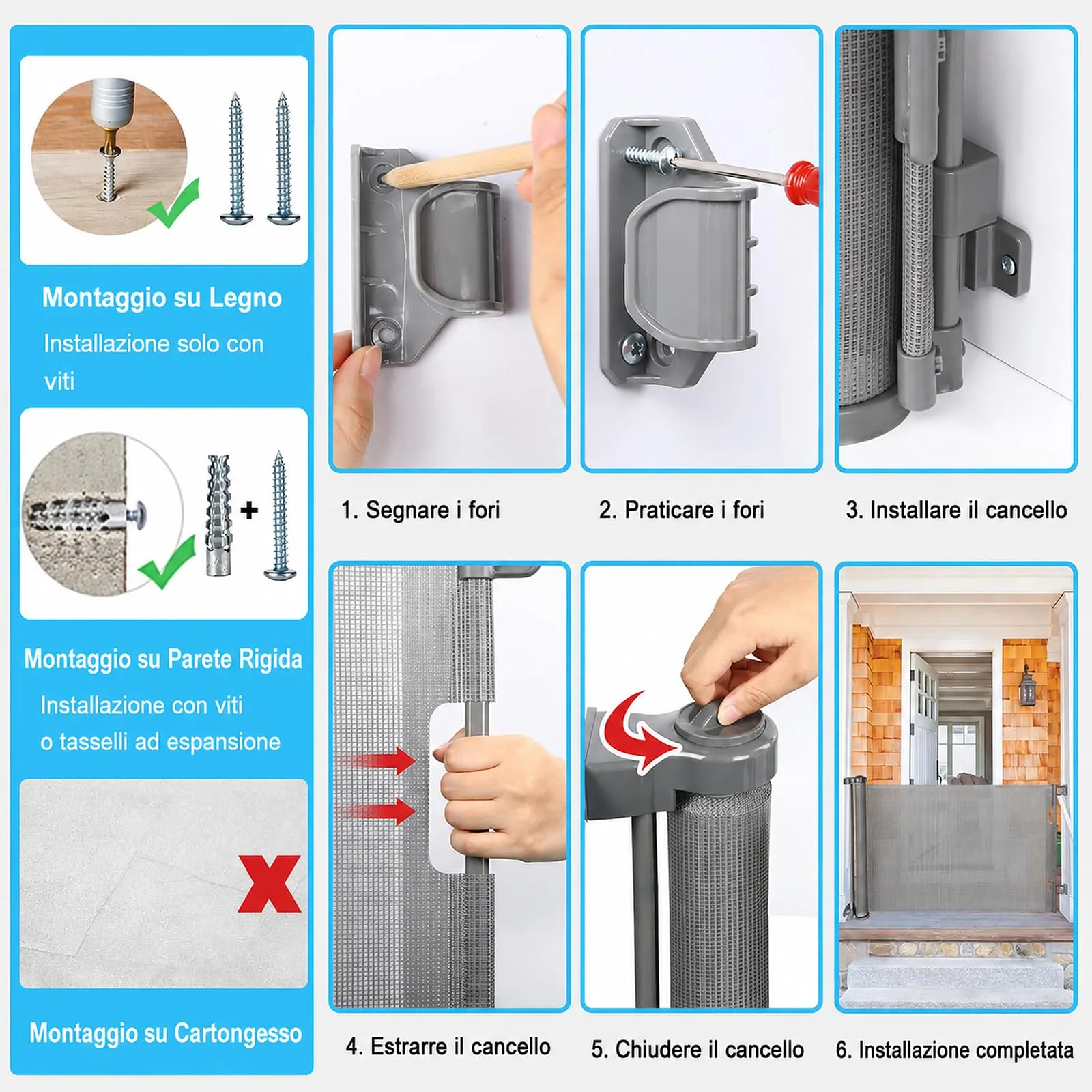 Cancelletto estensibile per scale, 0-200 cm Barriera di sicurezza per bambini estensibile, Barriera di sicurezza arrotolabile per Scale, cancelletti di sicurezza adatto per interni ed esterni - immagine 6