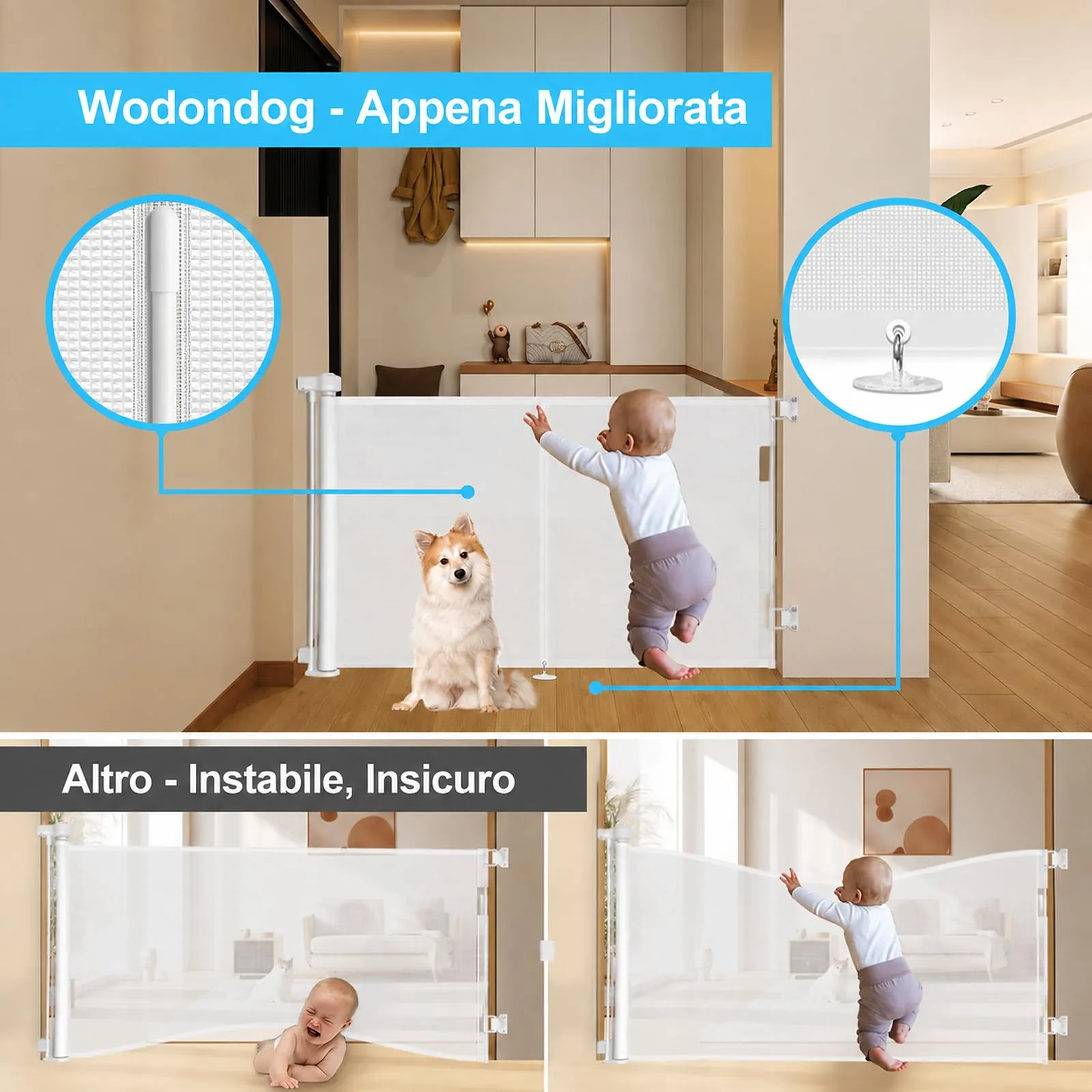 Cancelletto estensibile per scale, 0-200 cm Barriera di sicurezza per bambini estensibile, Barriera di sicurezza arrotolabile per Scale, cancelletti di sicurezza adatto per interni ed esterni - immagine 2