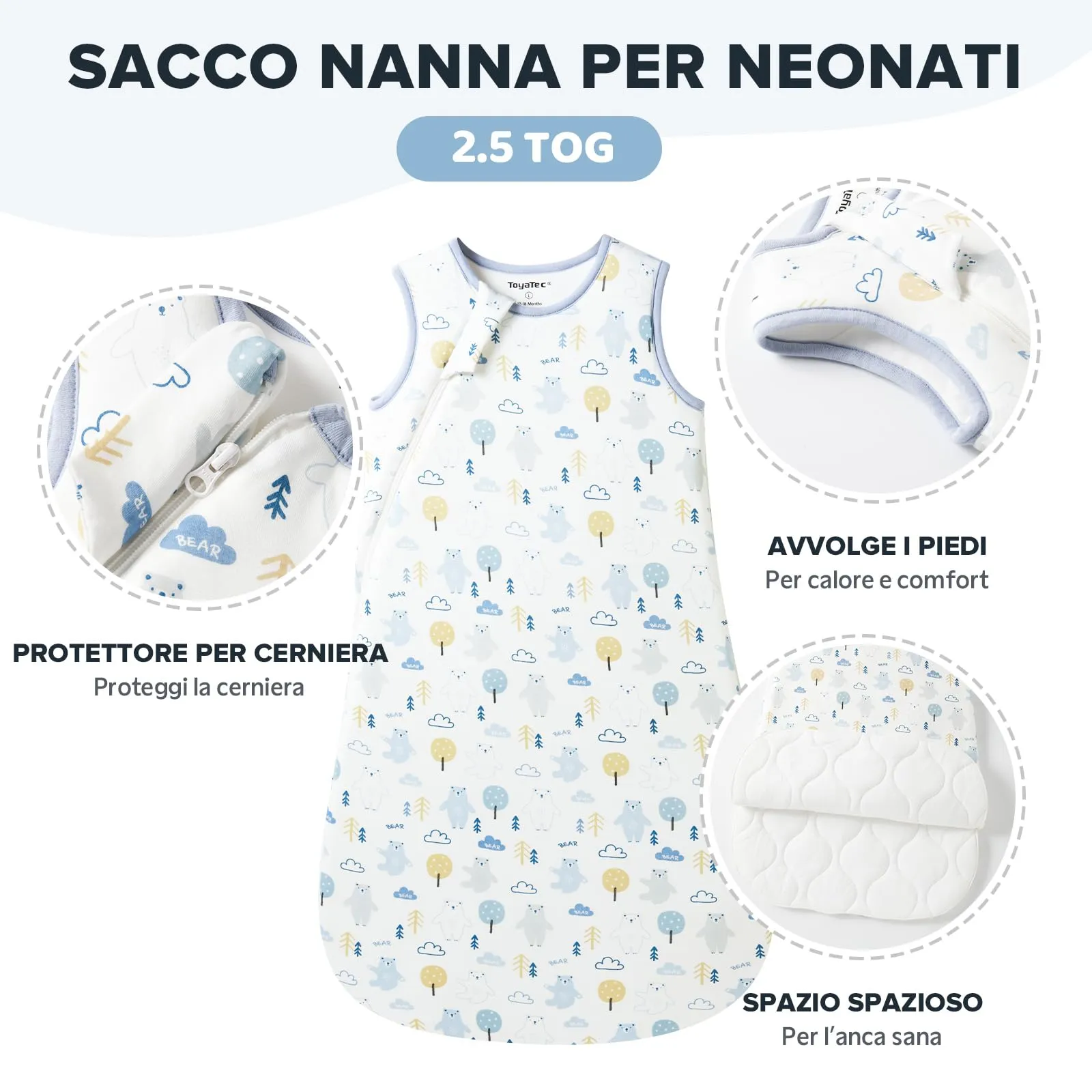 ToyaTec Sacco Nanna Bebé 2.5 Tog Super Morbido in Viscosa di Bambù, Sacco Nanna in Fibra di Bambù per Neonati, Coperta da Letto Autunno-Inverno - immagine 2