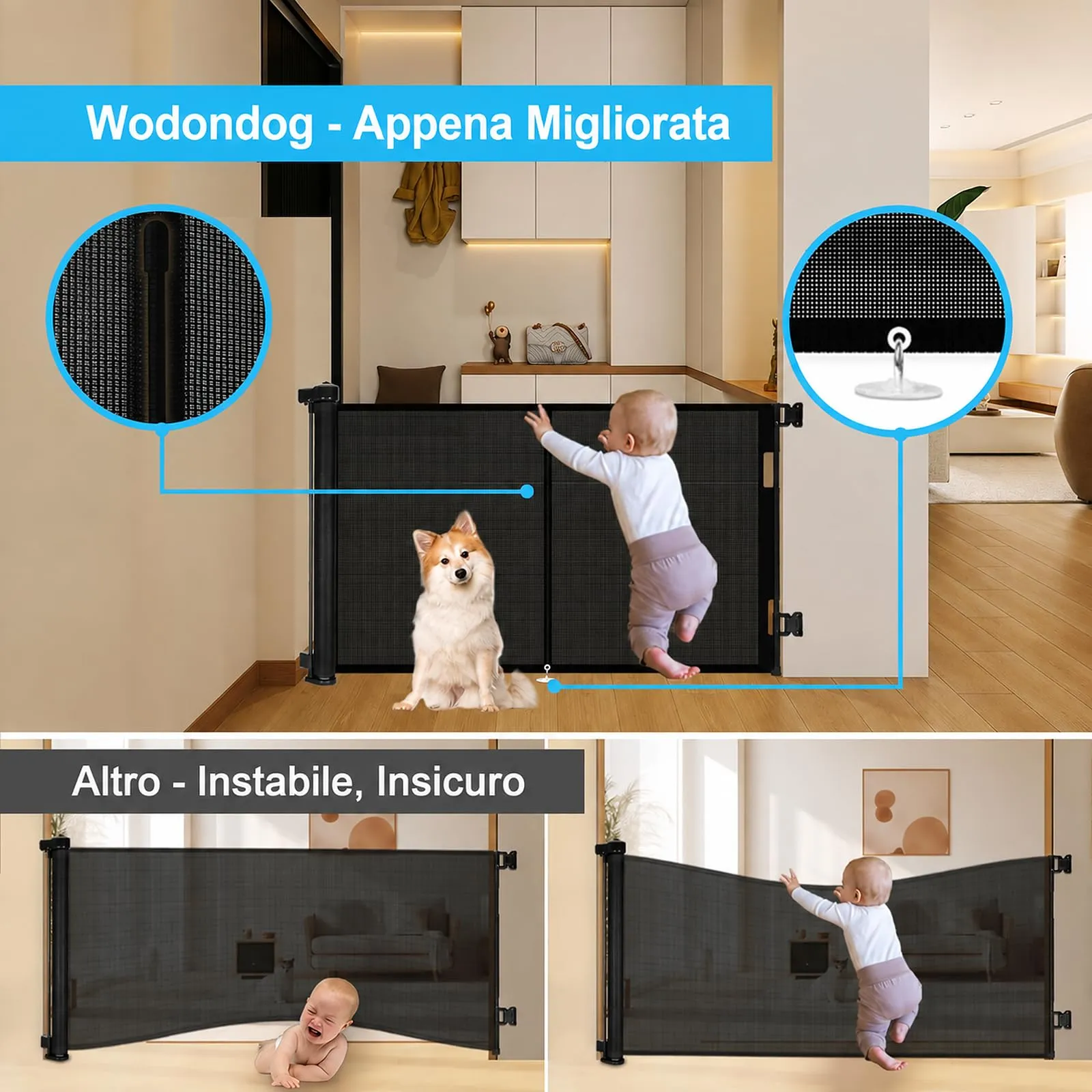 Cancelletto estensibile per scale, 0-200 cm Barriera di sicurezza per bambini estensibile, Barriera di sicurezza arrotolabile per Scale, cancelletti di sicurezza adatto per interni ed esterni - immagine 2