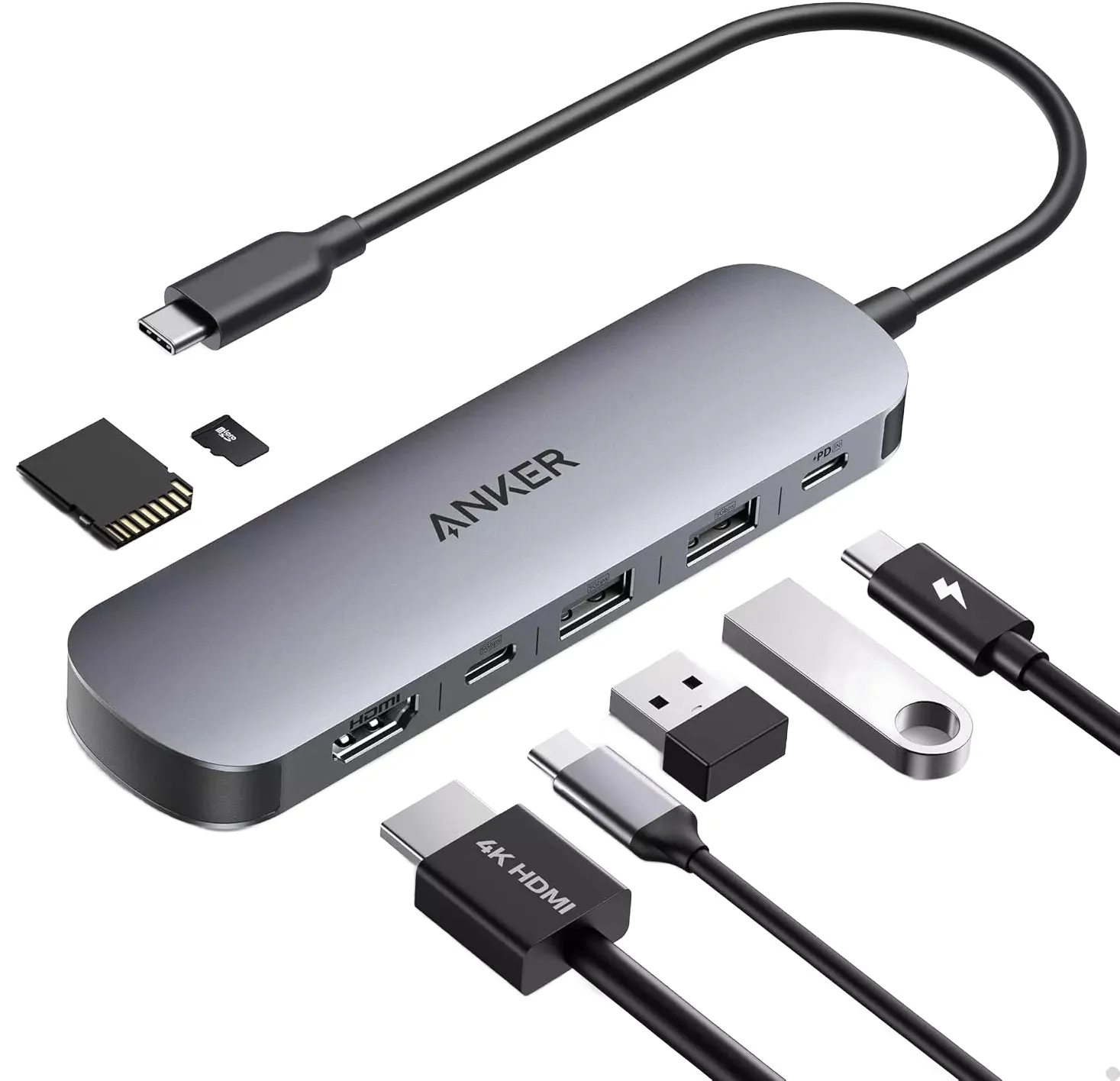 Hub USB-C Anker, 2 x USB-A 3.0 - 2 x USB-C - 1 x HDMI - 1 x SD - 1 x microSD, Grigio A83D2HA1 - immagine 1