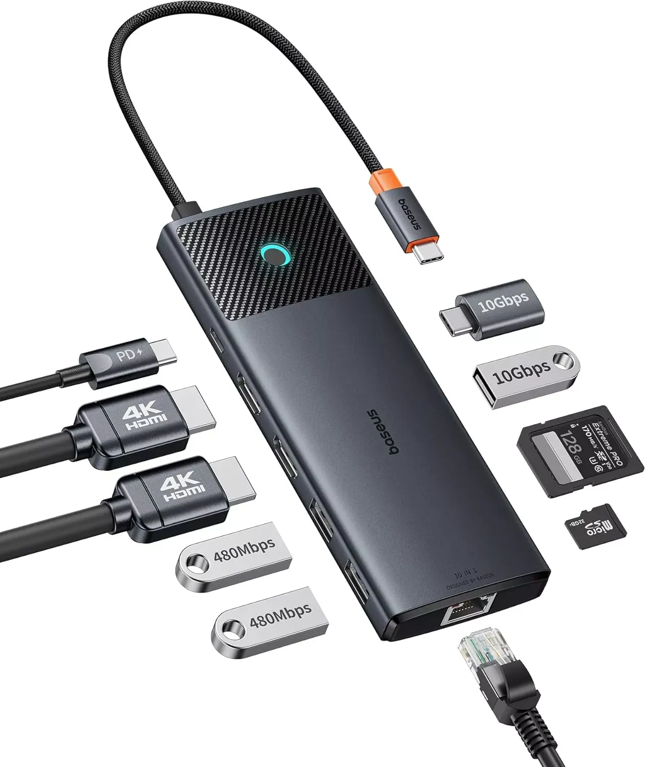 Hub USB-C Baseus Dual Display, 1 x USB-A 3.0 - 2 x USB-A - 2 x USB-C - 2 x HDMI - 1 x RJ45 - 1 x SD - 1 x microSD, Nero B00061800123-01 - immagine 1