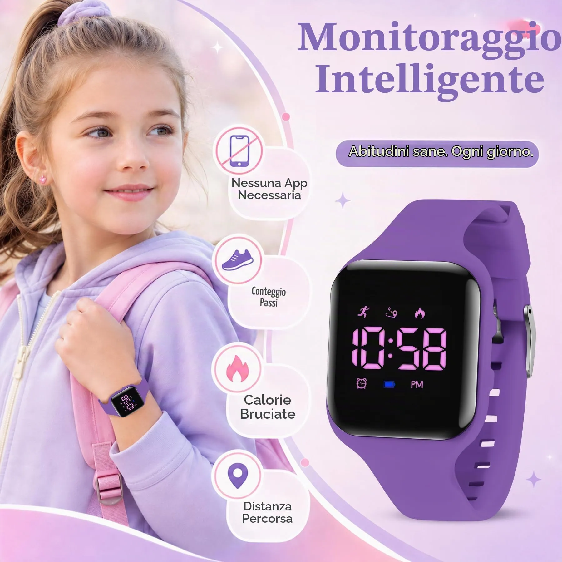 aswan watch Orologio Digitale Bambina Bambino con Contapassi,Calorie e Distanza senza App,Sveglia, Cronometro, Data, Luce-Orologio da polso Ragazza Ragazzo con Cinturino in Silicone - immagine 2