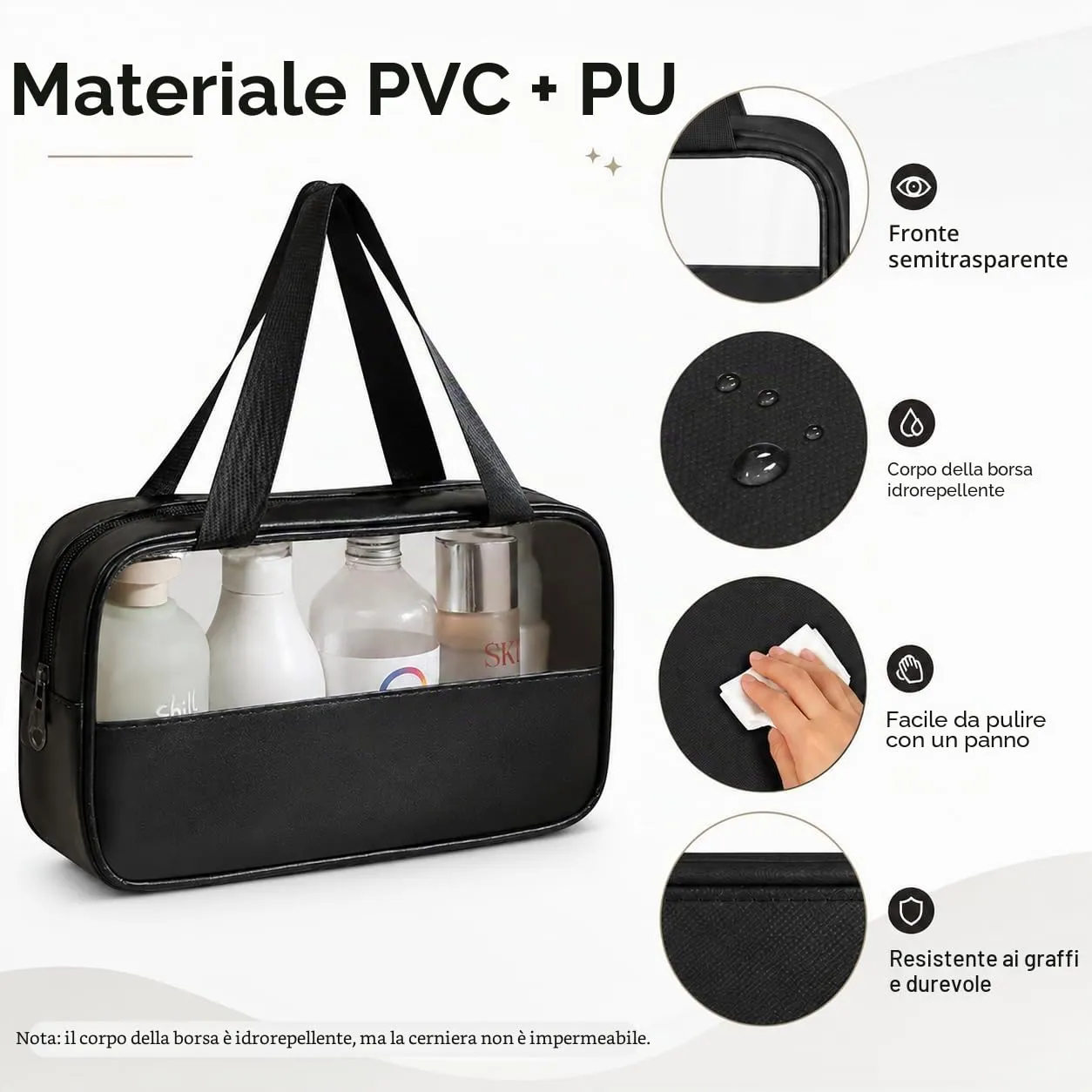 Borsa da Toilette Nero Media Semitrasparente Appendibile,Impermeabile - immagine 3