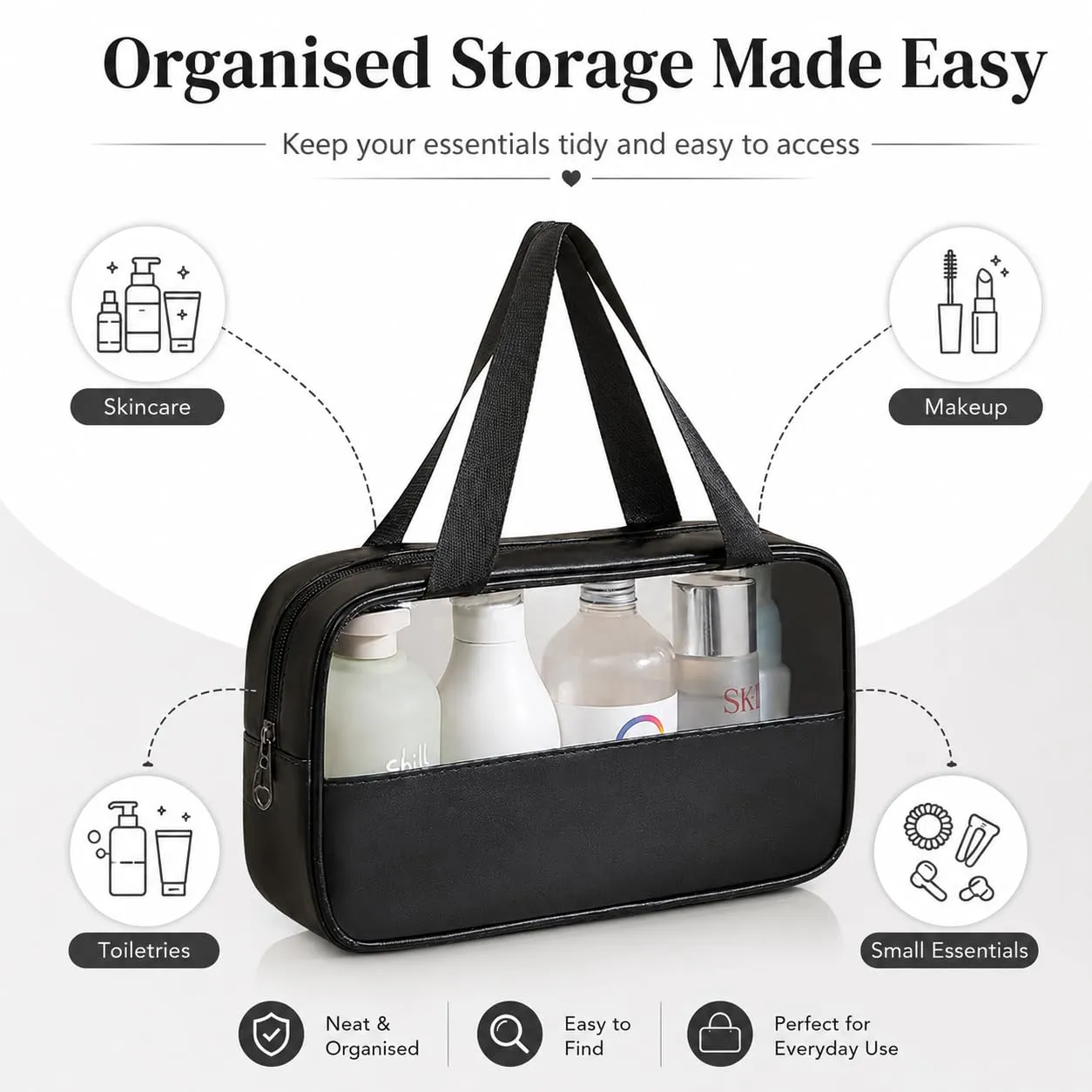 Borsa da Toilette Nero Media Semitrasparente Appendibile,Impermeabile - immagine 5
