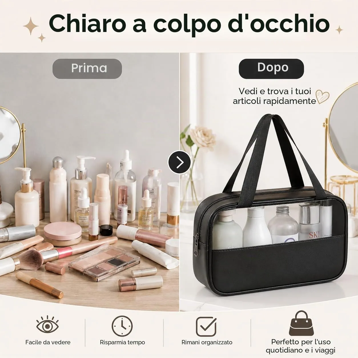 Borsa da Toilette Nero Media Semitrasparente Appendibile,Impermeabile - immagine 6
