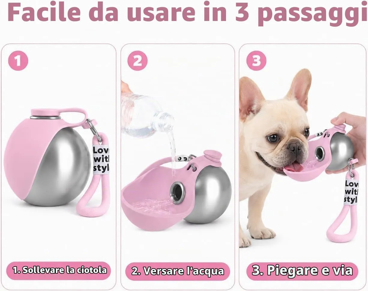 ZUMME Borraccia Cani da Esterno. 304 Acciaio Inox Borraccia per Cani 285ml, Anti-Perdita con Ciotola Pieghevole in Silicone, Portatile per Cani Piccoli e Gatti, Passeggiate e Campeggio - immagine 3