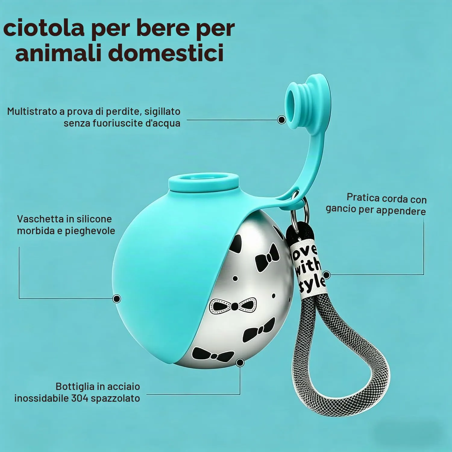 ZUMME Borraccia Cani da Esterno. 304 Acciaio Inox Borraccia per Cani 285ml, Anti-Perdita con Ciotola Pieghevole in Silicone, Portatile per Cani Piccoli e Gatti, Passeggiate e Campeggio - immagine 7