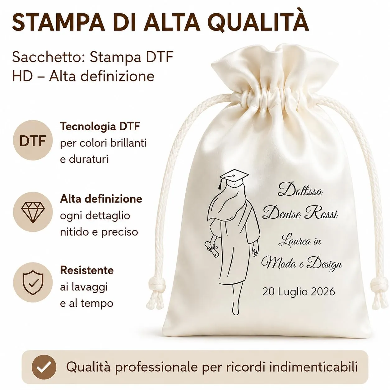 Cormar Kit Laurea Personalizzato 12 Sacchetti Portaconfetti e 12 Penne in Bamboo, Bomboniere Laurea con Stampa Nome Data e Facoltà, Sacchetti Raso Avorio con Penne Personalizzate - immagine 3