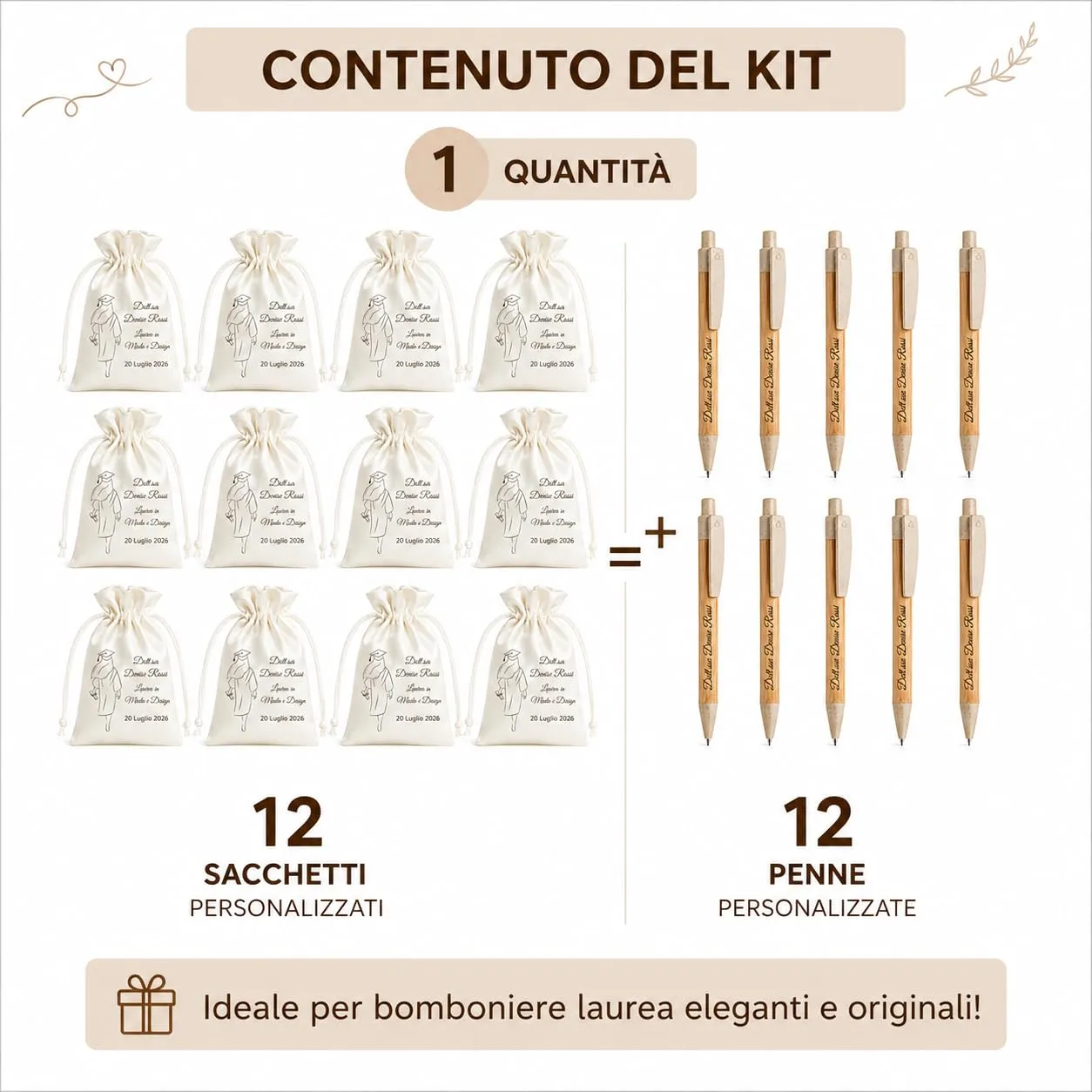 Cormar Kit Laurea Personalizzato 12 Sacchetti Portaconfetti e 12 Penne in Bamboo, Bomboniere Laurea con Stampa Nome Data e Facoltà, Sacchetti Raso Avorio con Penne Personalizzate - immagine 4