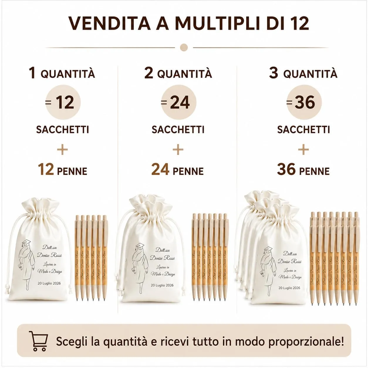 Cormar Kit Laurea Personalizzato 12 Sacchetti Portaconfetti e 12 Penne in Bamboo, Bomboniere Laurea con Stampa Nome Data e Facoltà, Sacchetti Raso Avorio con Penne Personalizzate - immagine 5