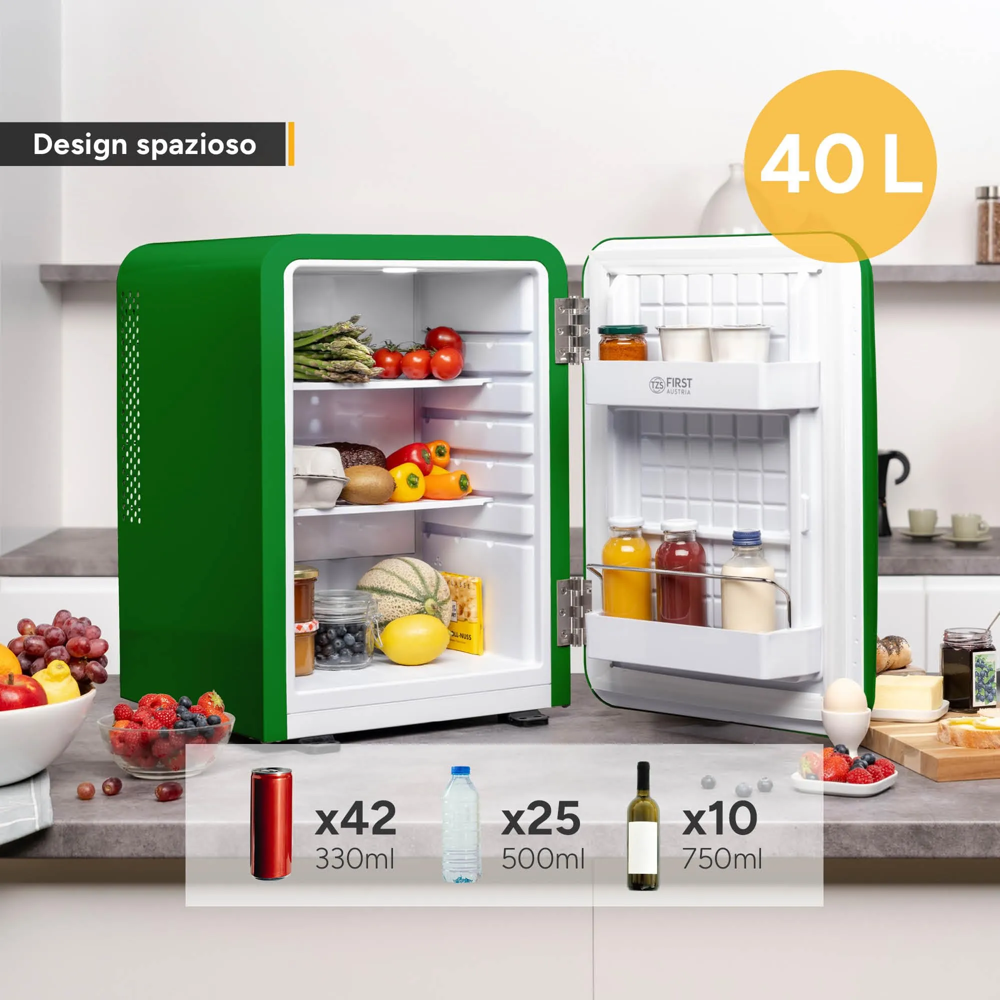 TZS First Austria - Mini Frigo Retro 40L - Silenzioso 22dB - Senza Compressore per Camera e Ufficio - Verde scuro - Frigorifero per Bevande - Design Vintage - immagine 5