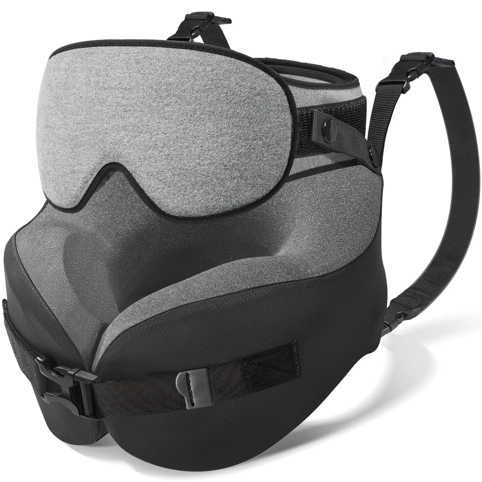 Umisleep Cuscino da Viaggio Memory Foam, Cuscino Cervicale per Aereo con Supporto 360°, con Maschera Occhi 3D, Cuscino da viaggio anticaduta testa per aereo, Ideale per Voli Lunghi (Grigio) - immagine 1