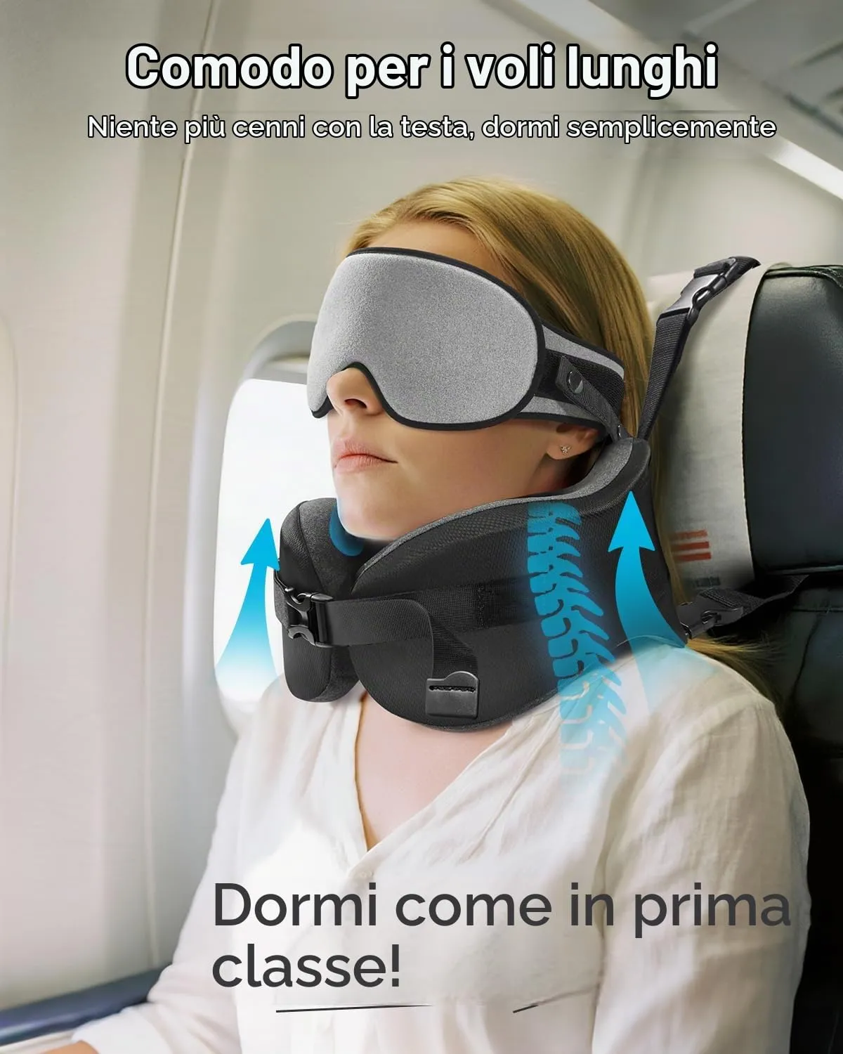Umisleep Cuscino da Viaggio Memory Foam, Cuscino Cervicale per Aereo con Supporto 360°, con Maschera Occhi 3D, Cuscino da viaggio anticaduta testa per aereo, Ideale per Voli Lunghi (Grigio) - immagine 2