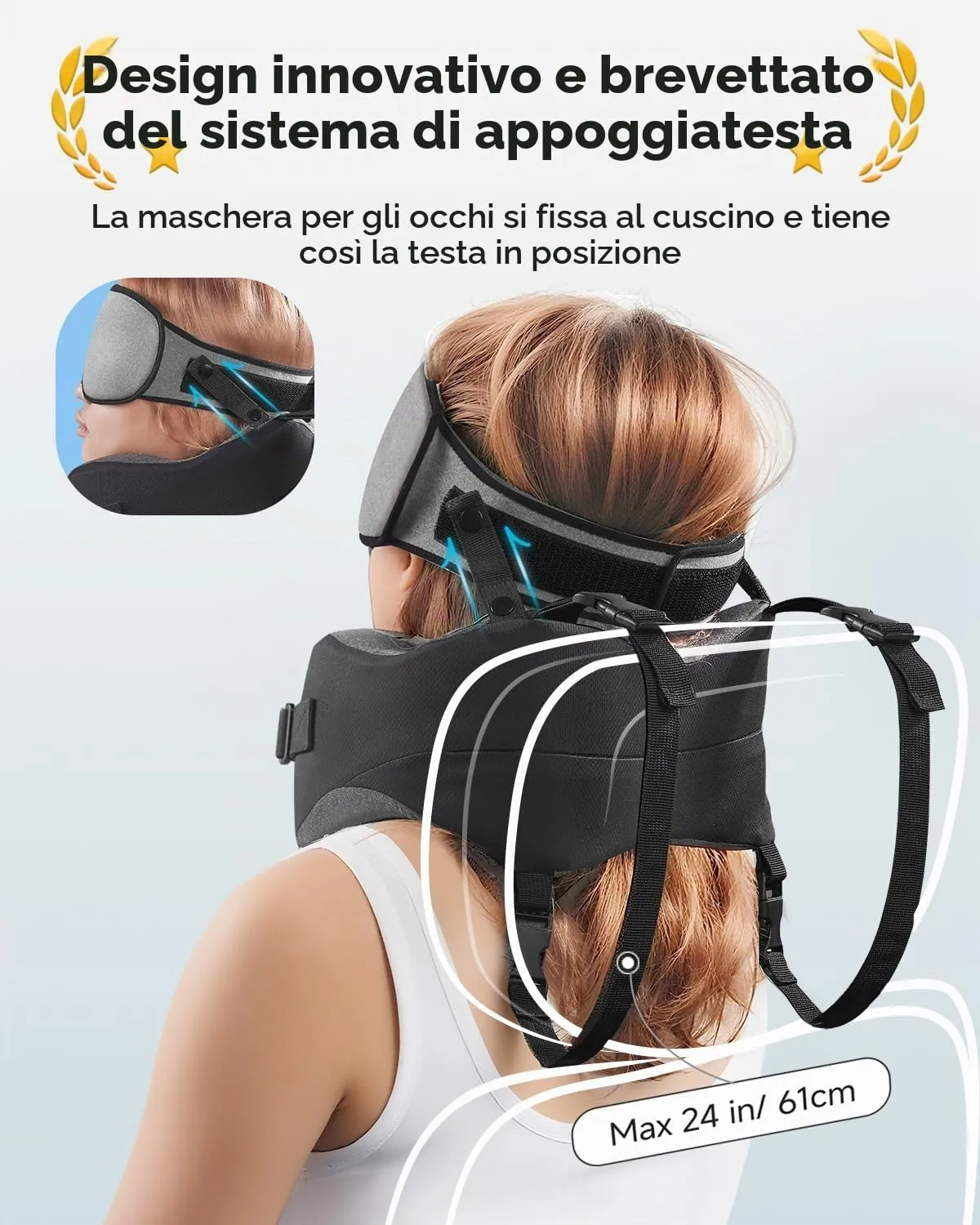 Umisleep Cuscino da Viaggio Memory Foam, Cuscino Cervicale per Aereo con Supporto 360°, con Maschera Occhi 3D, Cuscino da viaggio anticaduta testa per aereo, Ideale per Voli Lunghi (Grigio) - immagine 3