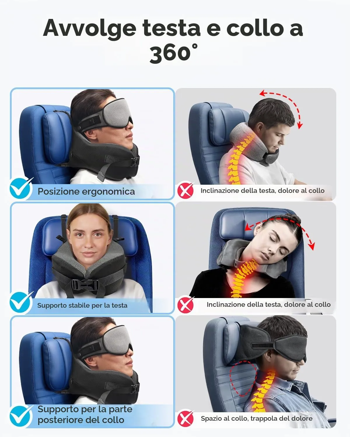 Umisleep Cuscino da Viaggio Memory Foam, Cuscino Cervicale per Aereo con Supporto 360°, con Maschera Occhi 3D, Cuscino da viaggio anticaduta testa per aereo, Ideale per Voli Lunghi (Grigio) - immagine 4