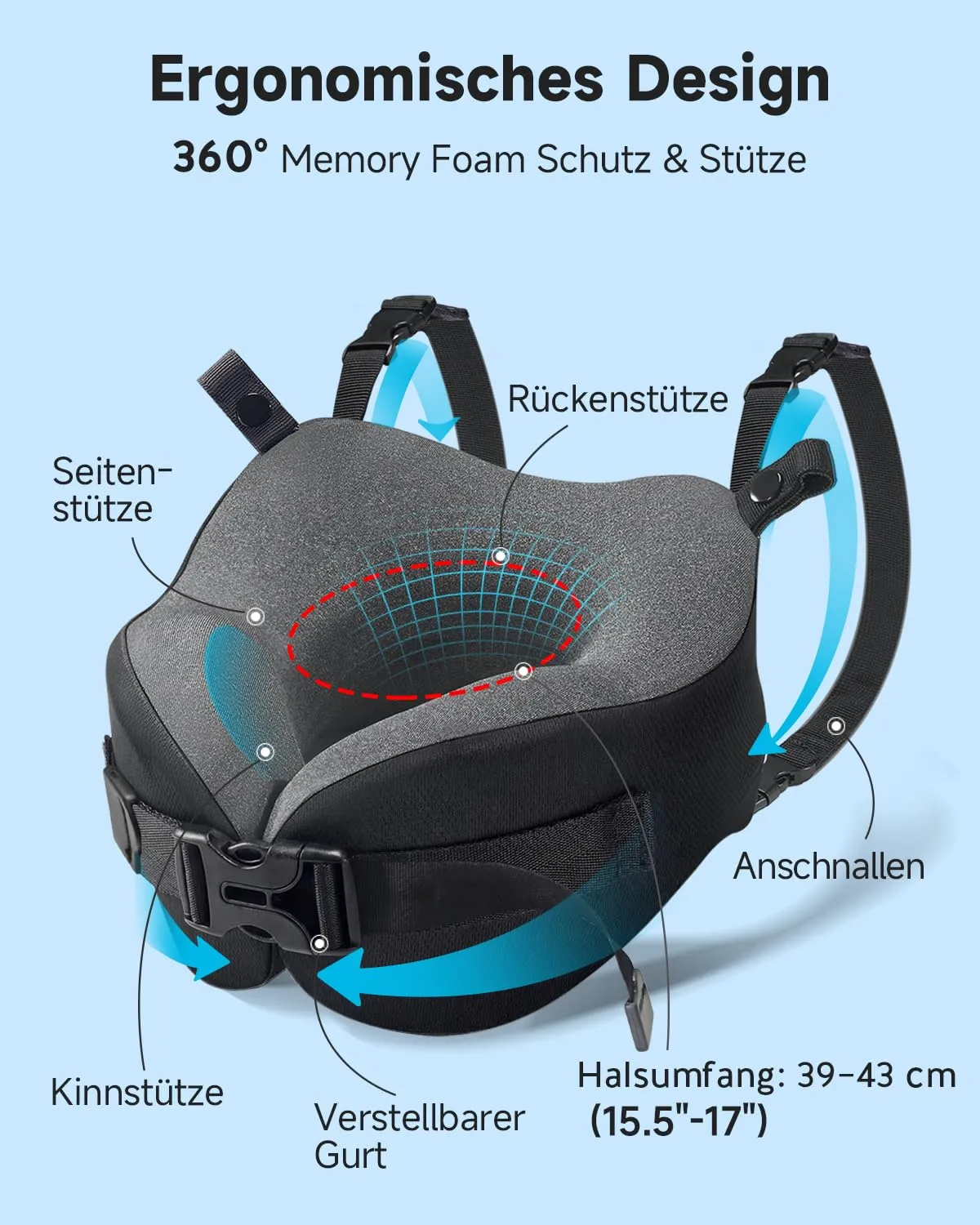 Umisleep Cuscino da Viaggio Memory Foam, Cuscino Cervicale per Aereo con Supporto 360°, con Maschera Occhi 3D, Cuscino da viaggio anticaduta testa per aereo, Ideale per Voli Lunghi (Grigio) - immagine 5