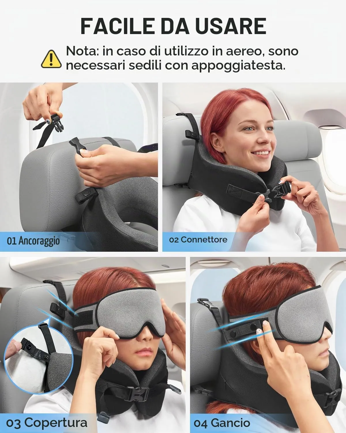 Umisleep Cuscino da Viaggio Memory Foam, Cuscino Cervicale per Aereo con Supporto 360°, con Maschera Occhi 3D, Cuscino da viaggio anticaduta testa per aereo, Ideale per Voli Lunghi (Grigio) - immagine 7
