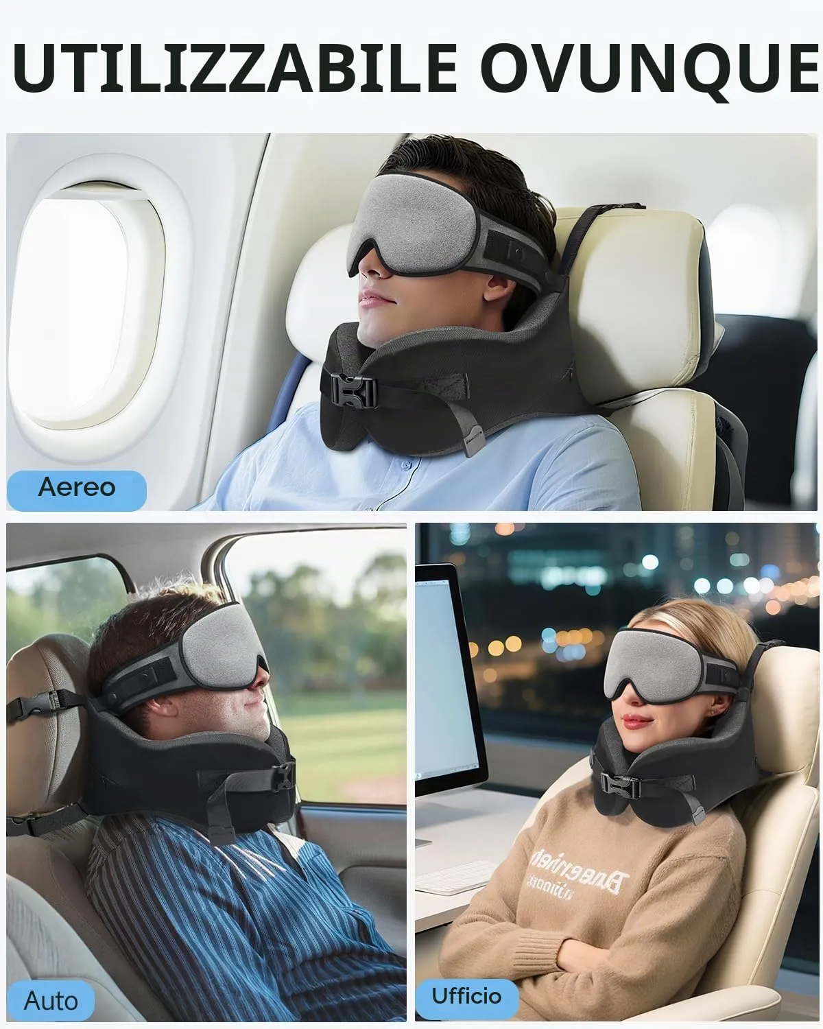 Umisleep Cuscino da Viaggio Memory Foam, Cuscino Cervicale per Aereo con Supporto 360°, con Maschera Occhi 3D, Cuscino da viaggio anticaduta testa per aereo, Ideale per Voli Lunghi (Grigio) - immagine 8