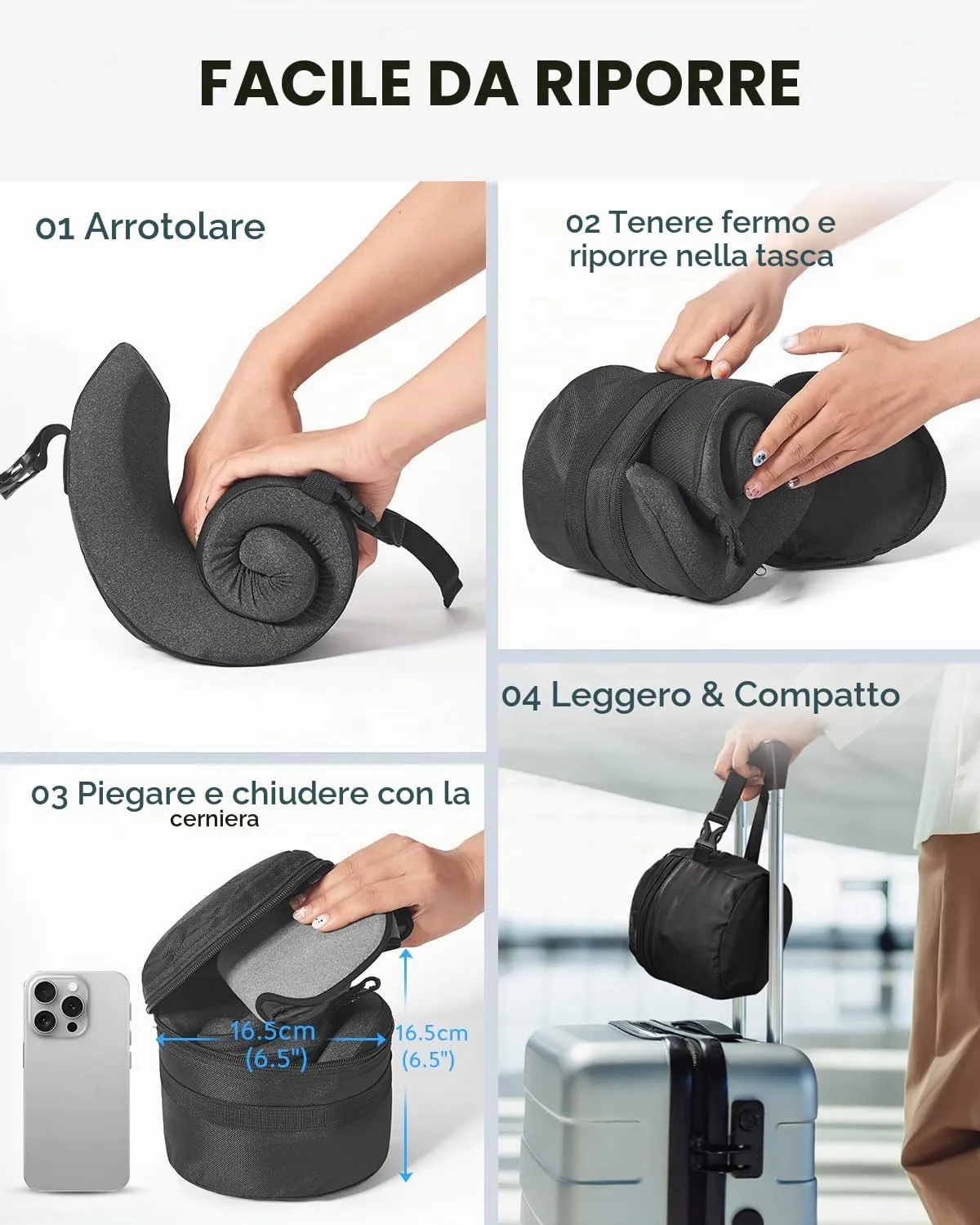 Umisleep Cuscino da Viaggio Memory Foam, Cuscino Cervicale per Aereo con Supporto 360°, con Maschera Occhi 3D, Cuscino da viaggio anticaduta testa per aereo, Ideale per Voli Lunghi (Grigio) - immagine 9