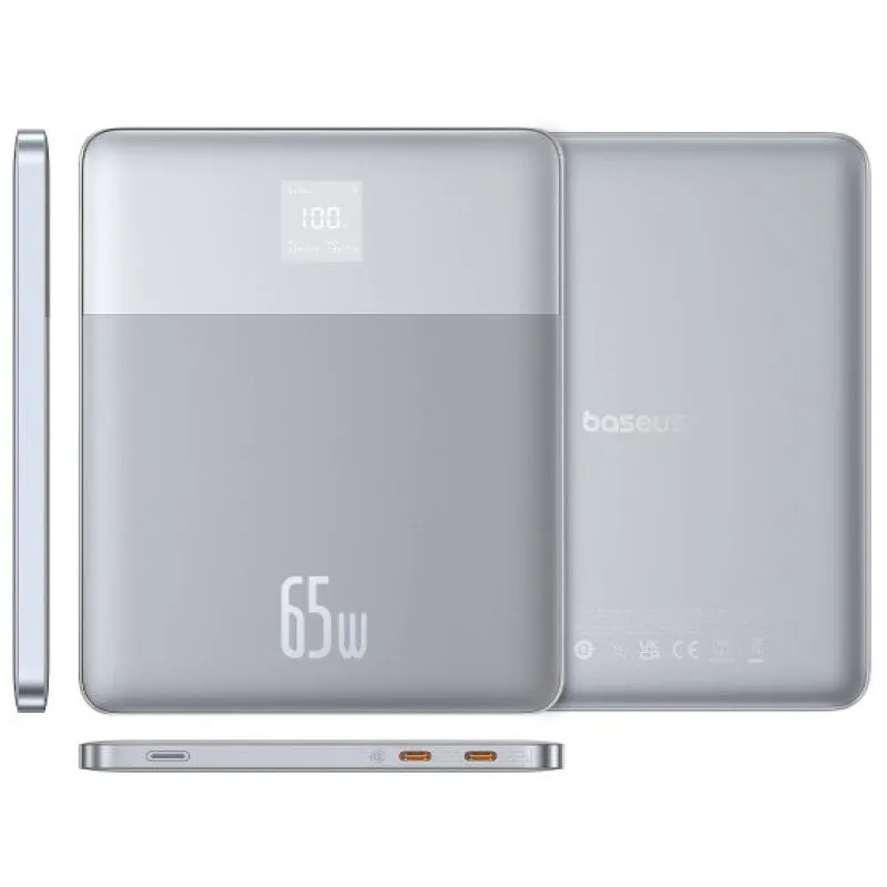 Batteria esterna Baseus Blade2 per laptop con ricarica rapida con display digitale intelligente 12000mAh, 65W in argento (con cavo di ricarica rapida Baseus USB Type-C a Type-C 100W (20V/5A) di 50cm bianco) - immagine 1
