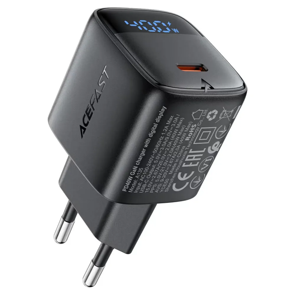 Caricatore da rete Acefast A135 Display, 40W, 3A, 1 x USB-C, Nero - immagine 1