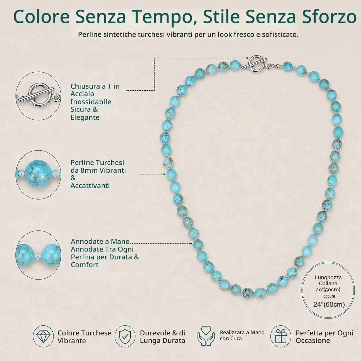 GAVU Collana da Uomo con Perline Sfaccettate di Pietre Naturali, Collana Turchese da Uomo con Perle Annodate a Mano Una ad Una e Chiusura T-Bar - immagine 3