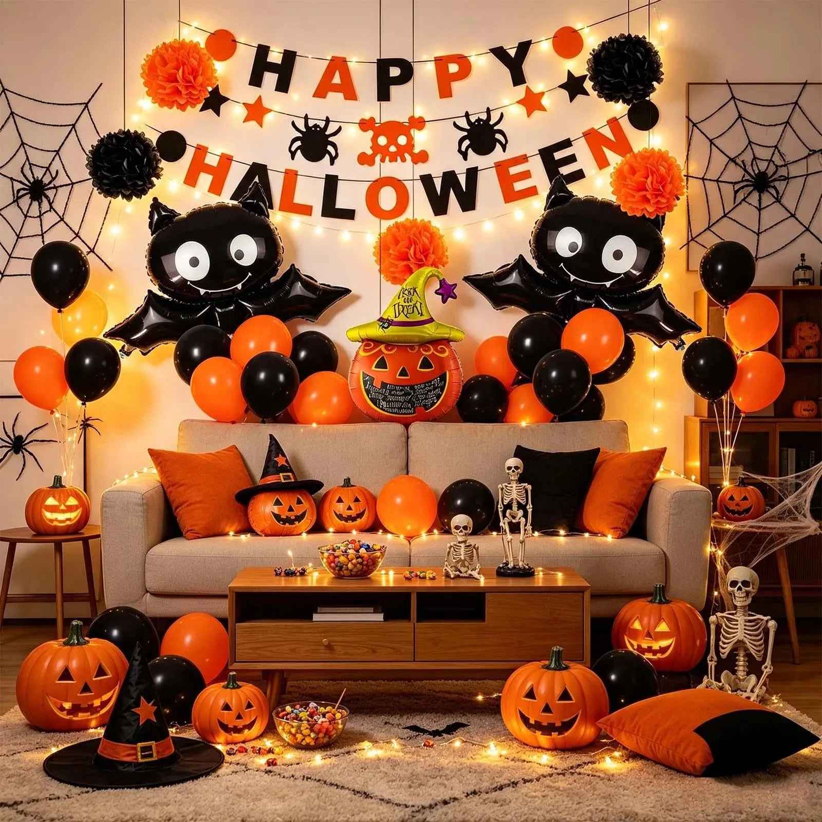 GEFIRE Halloween Decorazioni 6 Pezzi Gonfiabili Zucca Pipistrello Banner - immagine 6