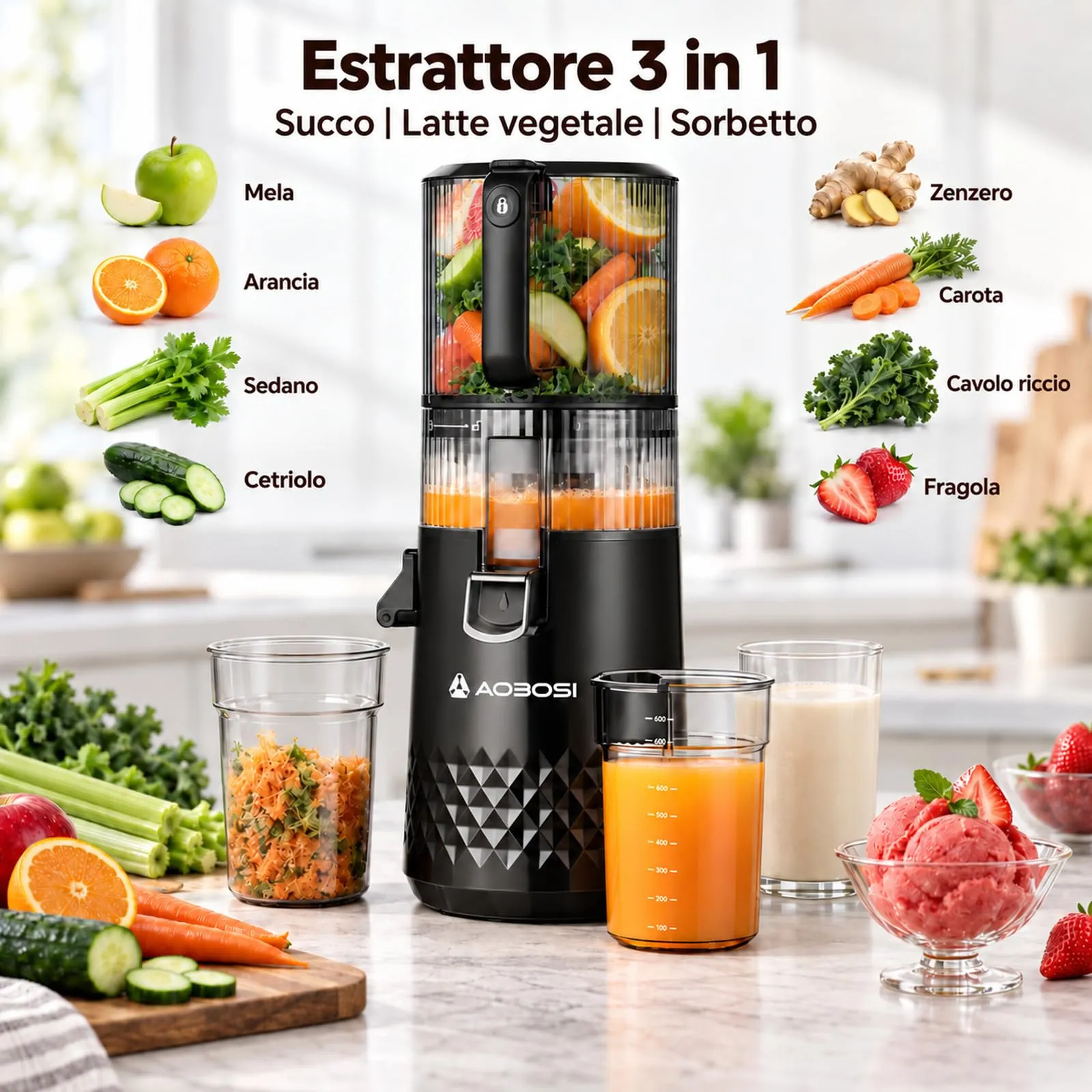 AAOBOSI Estrattore Frutta e Verdura, 165MM & 2,5L, Adatto a Frutta Intera - immagine 3