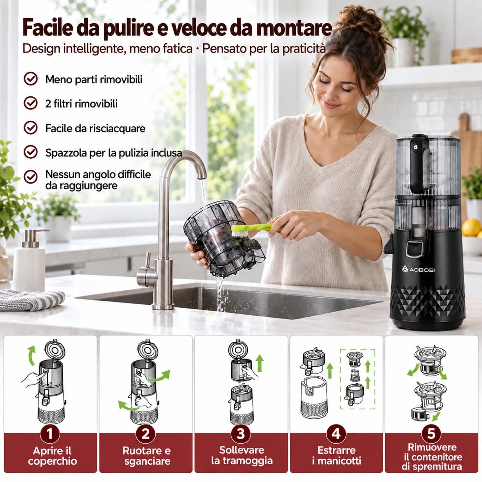 AAOBOSI Estrattore Frutta e Verdura, 165MM & 2,5L, Adatto a Frutta Intera - immagine 6
