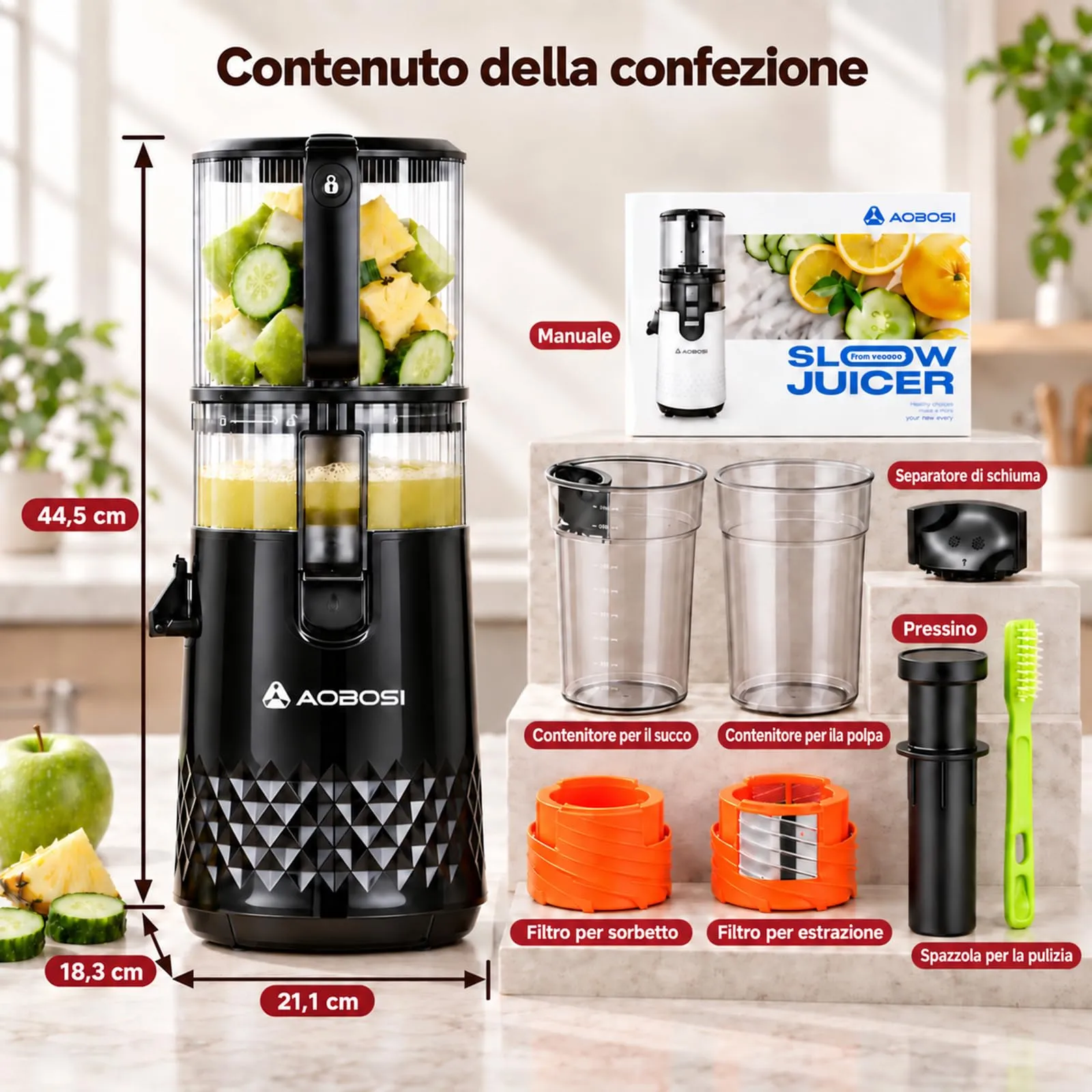 AAOBOSI Estrattore Frutta e Verdura, 165MM & 2,5L, Adatto a Frutta Intera - immagine 8