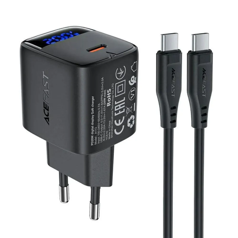 Caricabatterie Rete con Cavo USB-C Acefast A113 Display, 20W, 3A, 1 x USB-C, Nero - immagine 1