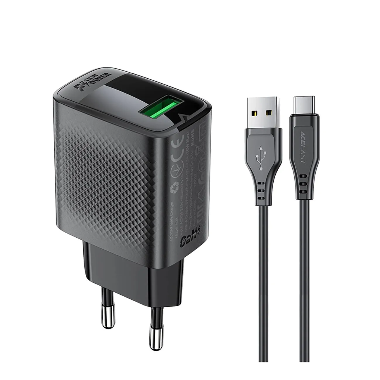 Caricabatterie da Rete con Cavo USB-C Acefast A90, 18W, 3A, 1 x USB-A, Nero - immagine 1