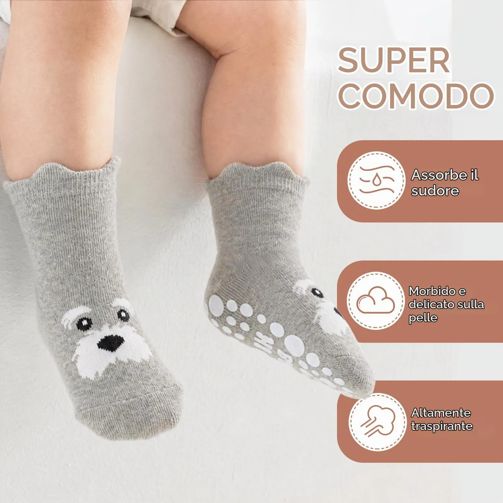 SockWaddles calzini antiscivolo bambino, 5 paia di calzini neonato in cotone traspirante con suola ABS, calze gattonanti per bambini e bambine con cane, 0-12 mesi - immagine 4