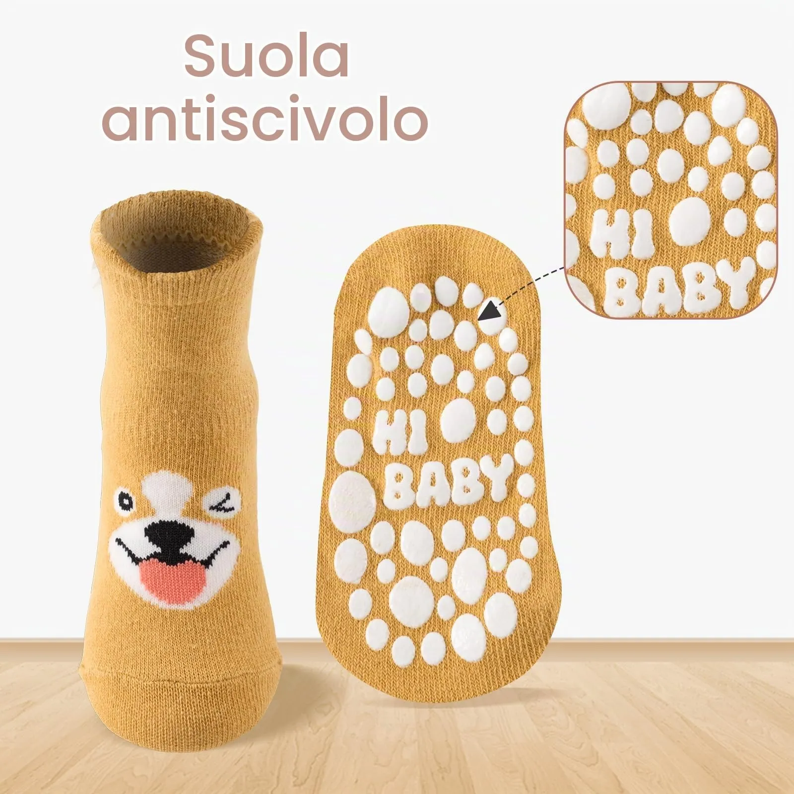 SockWaddles calzini antiscivolo bambino, 5 paia di calzini neonato in cotone traspirante con suola ABS, calze gattonanti per bambini e bambine con cane, 0-12 mesi - immagine 8