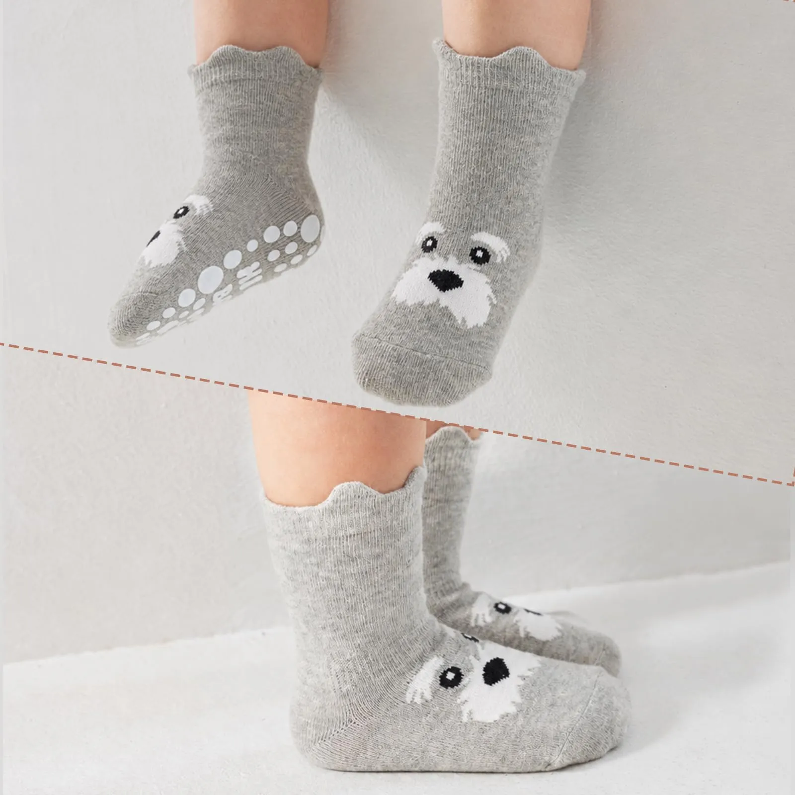 SockWaddles calzini antiscivolo bambino, 5 paia di calzini neonato in cotone traspirante con suola ABS, calze gattonanti per bambini e bambine con cane, 3-5 anni - immagine 2