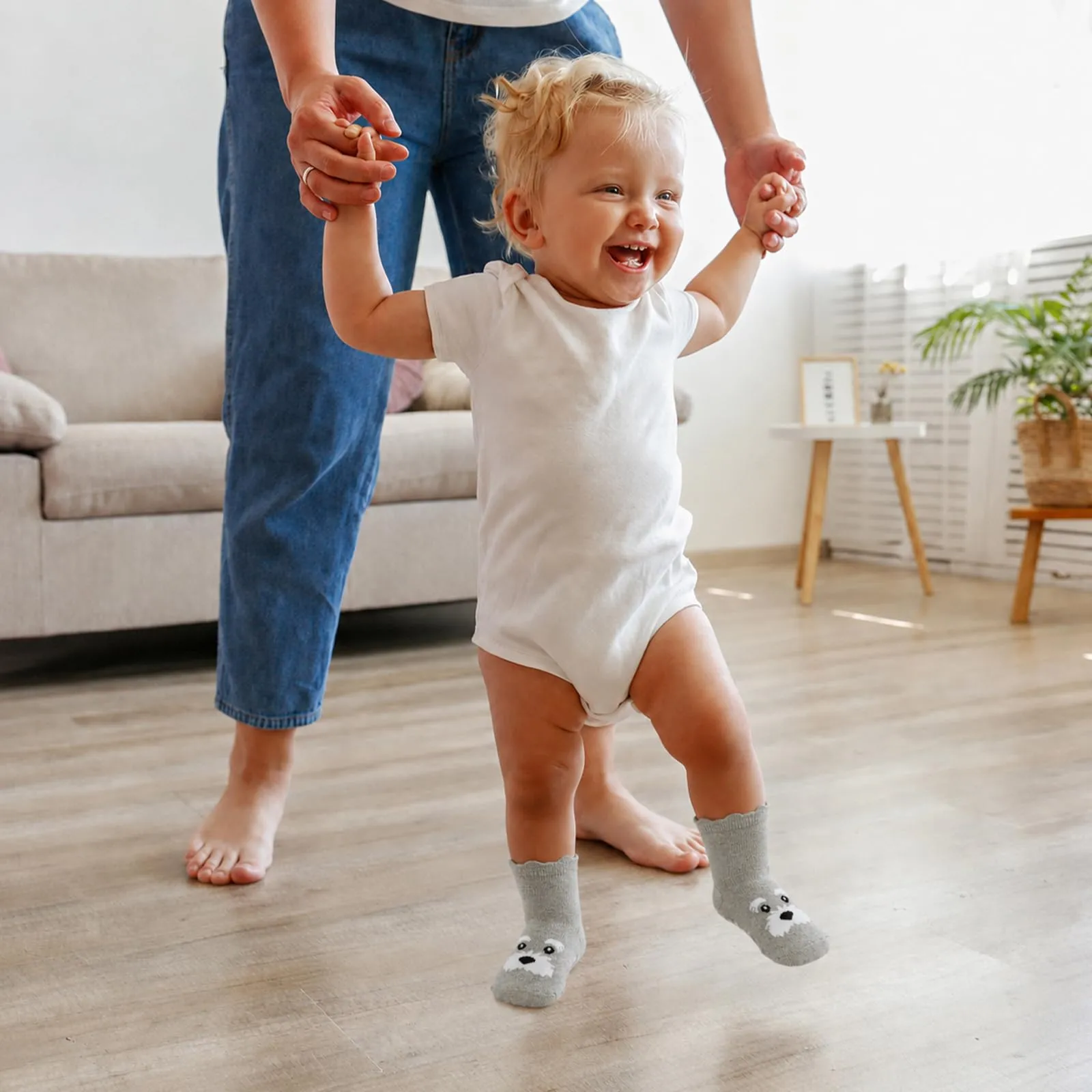 SockWaddles calzini antiscivolo bambino, 5 paia di calzini neonato in cotone traspirante con suola ABS, calze gattonanti per bambini e bambine con cane, 3-5 anni - immagine 3