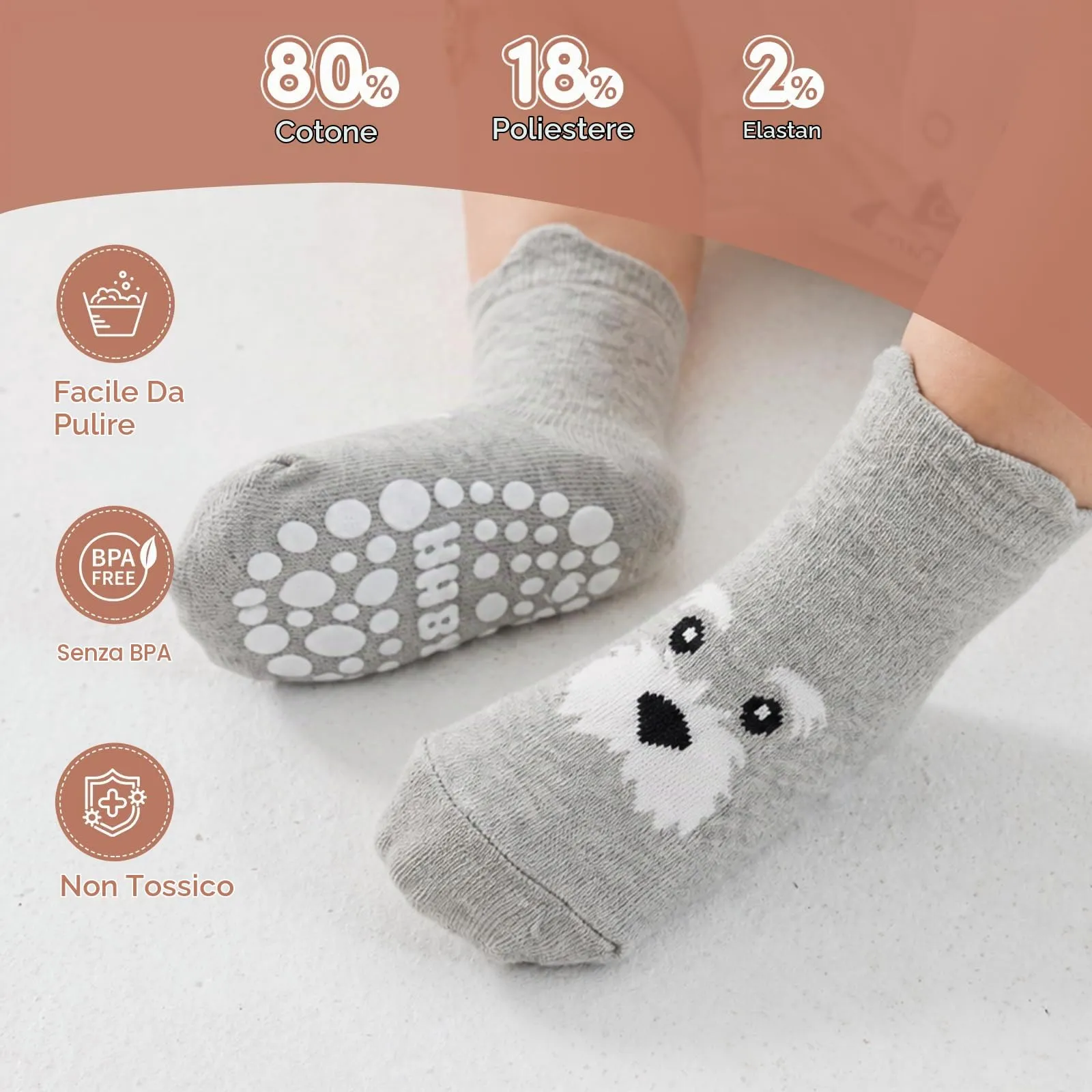 SockWaddles calzini antiscivolo bambino, 5 paia di calzini neonato in cotone traspirante con suola ABS, calze gattonanti per bambini e bambine con cane, 3-5 anni - immagine 5