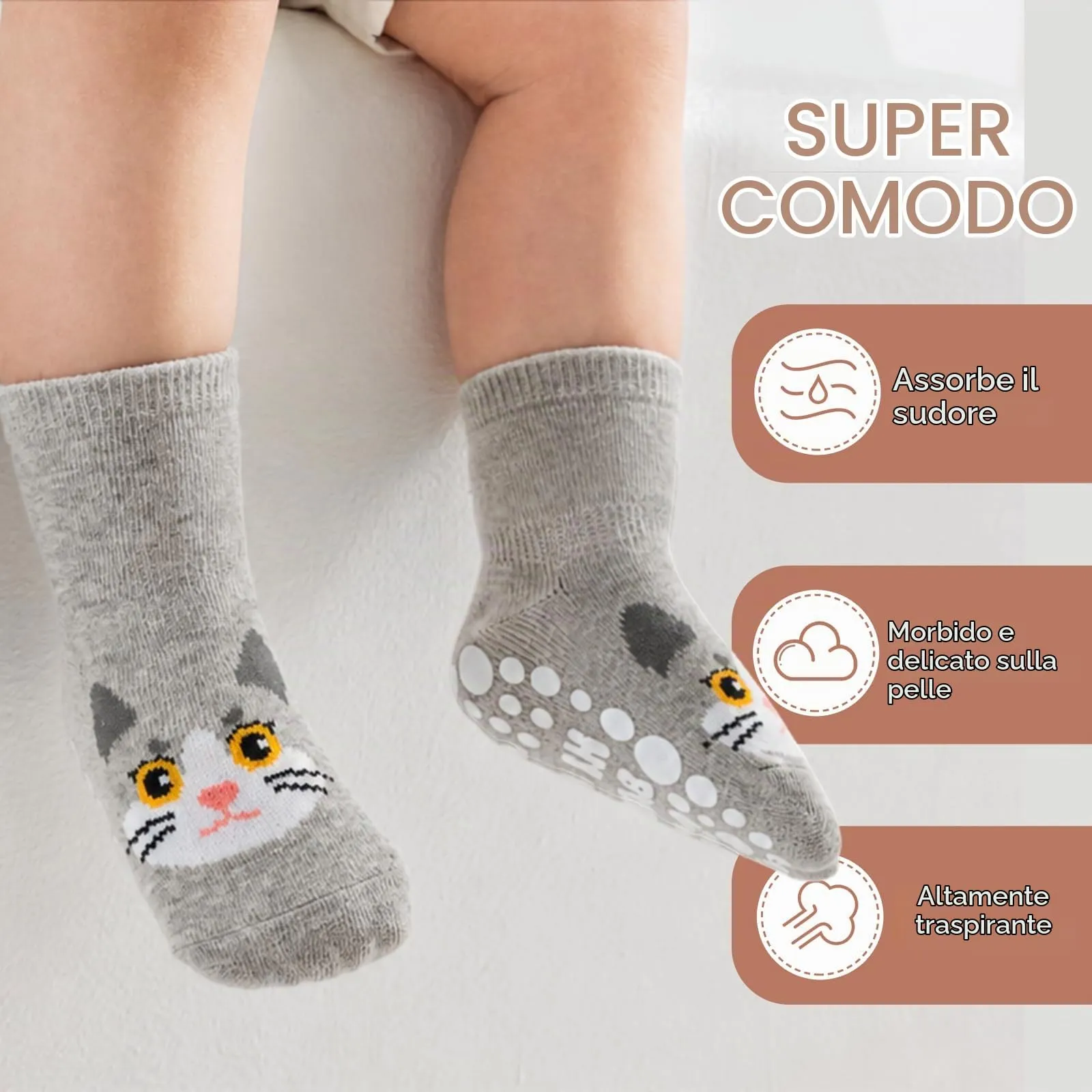 SockWaddles calzini antiscivolo bambino, 5 paia di calzini neonato in cotone traspirante con suola ABS, calze gattonanti per bambini e bambine con gatto, 0-12 mesi - immagine 4
