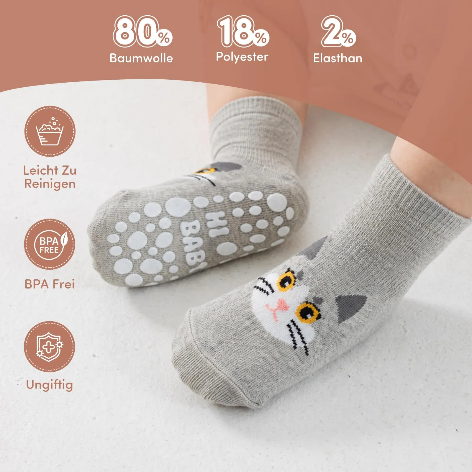 SockWaddles calzini antiscivolo bambino, 5 paia di calzini neonato in cotone traspirante con suola ABS, calze gattonanti per bambini e bambine con gatto, 0-12 mesi - immagine 5