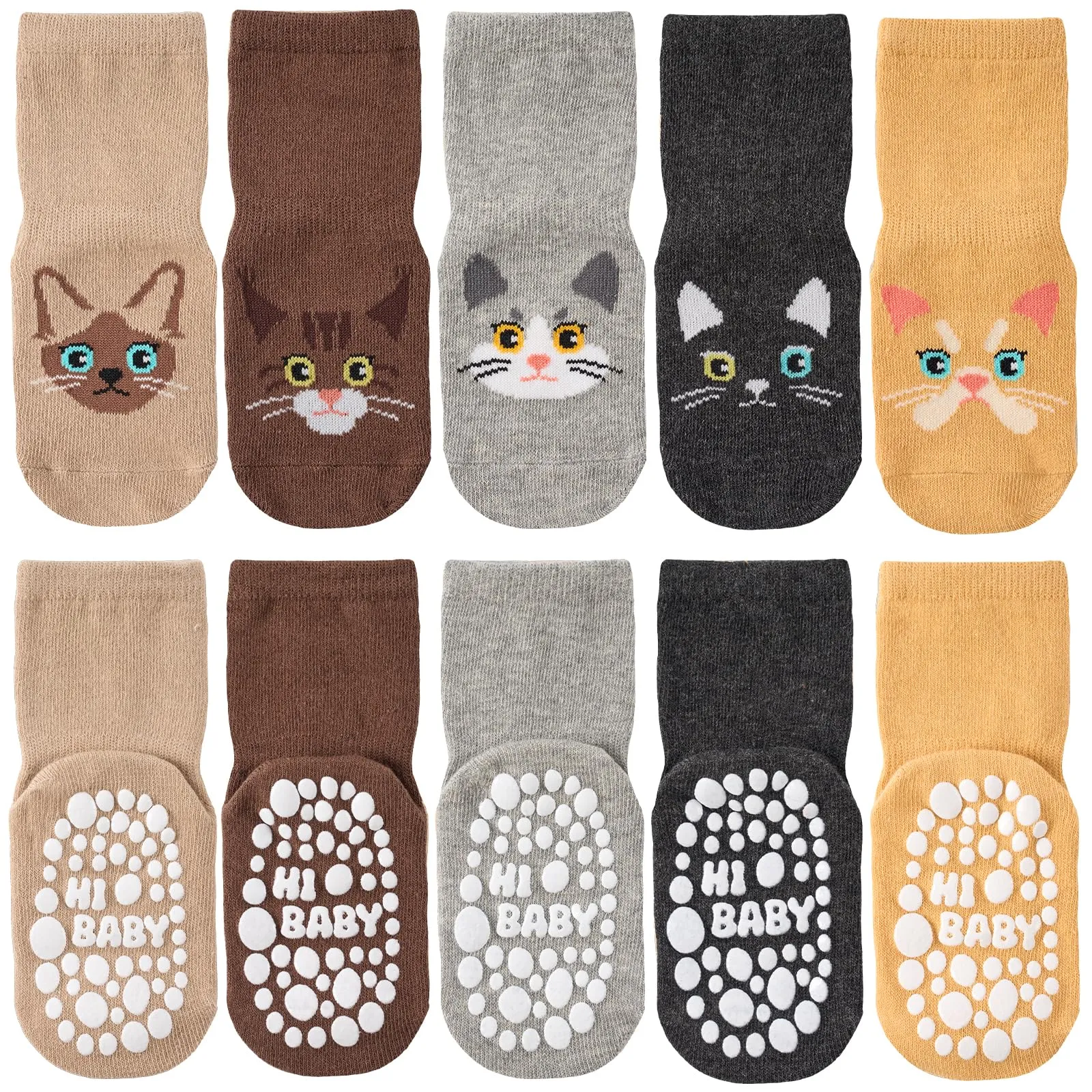 SockWaddles calzini antiscivolo bambino, 5 paia di calzini neonato in cotone traspirante con suola ABS, calze gattonanti per bambini e bambine con gatto, 3-5 anni - immagine 1
