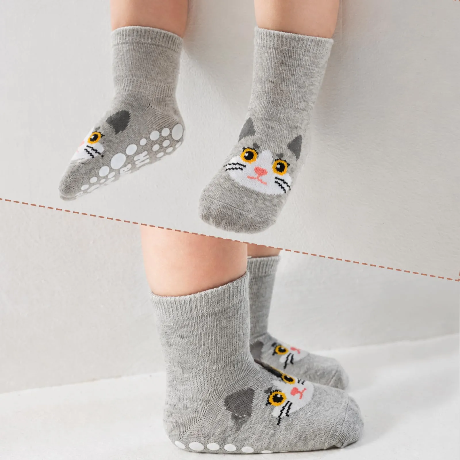 SockWaddles calzini antiscivolo bambino, 5 paia di calzini neonato in cotone traspirante con suola ABS, calze gattonanti per bambini e bambine con gatto, 3-5 anni - immagine 2