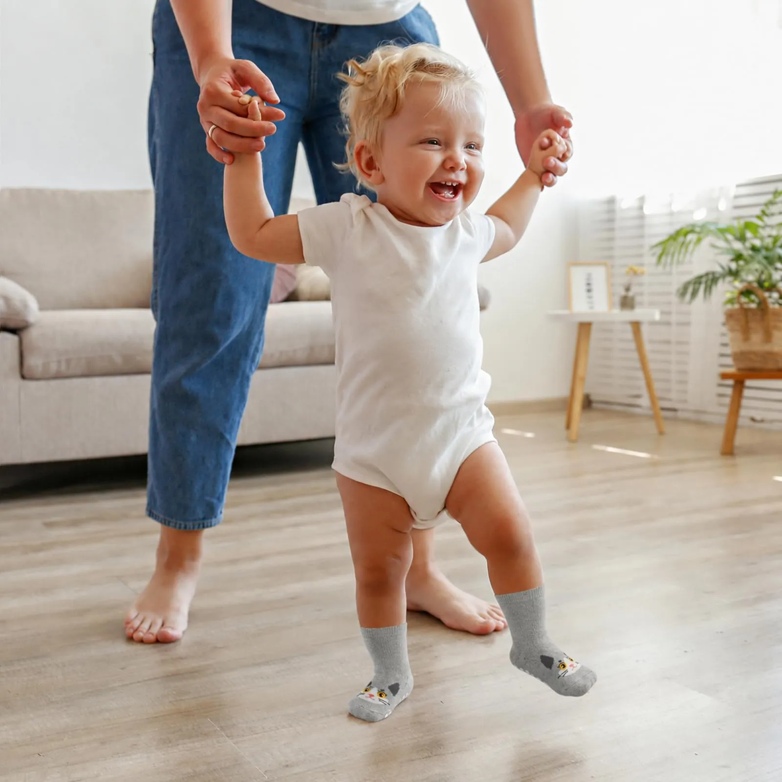 SockWaddles calzini antiscivolo bambino, 5 paia di calzini neonato in cotone traspirante con suola ABS, calze gattonanti per bambini e bambine con gatto, 1-3 anni - immagine 3