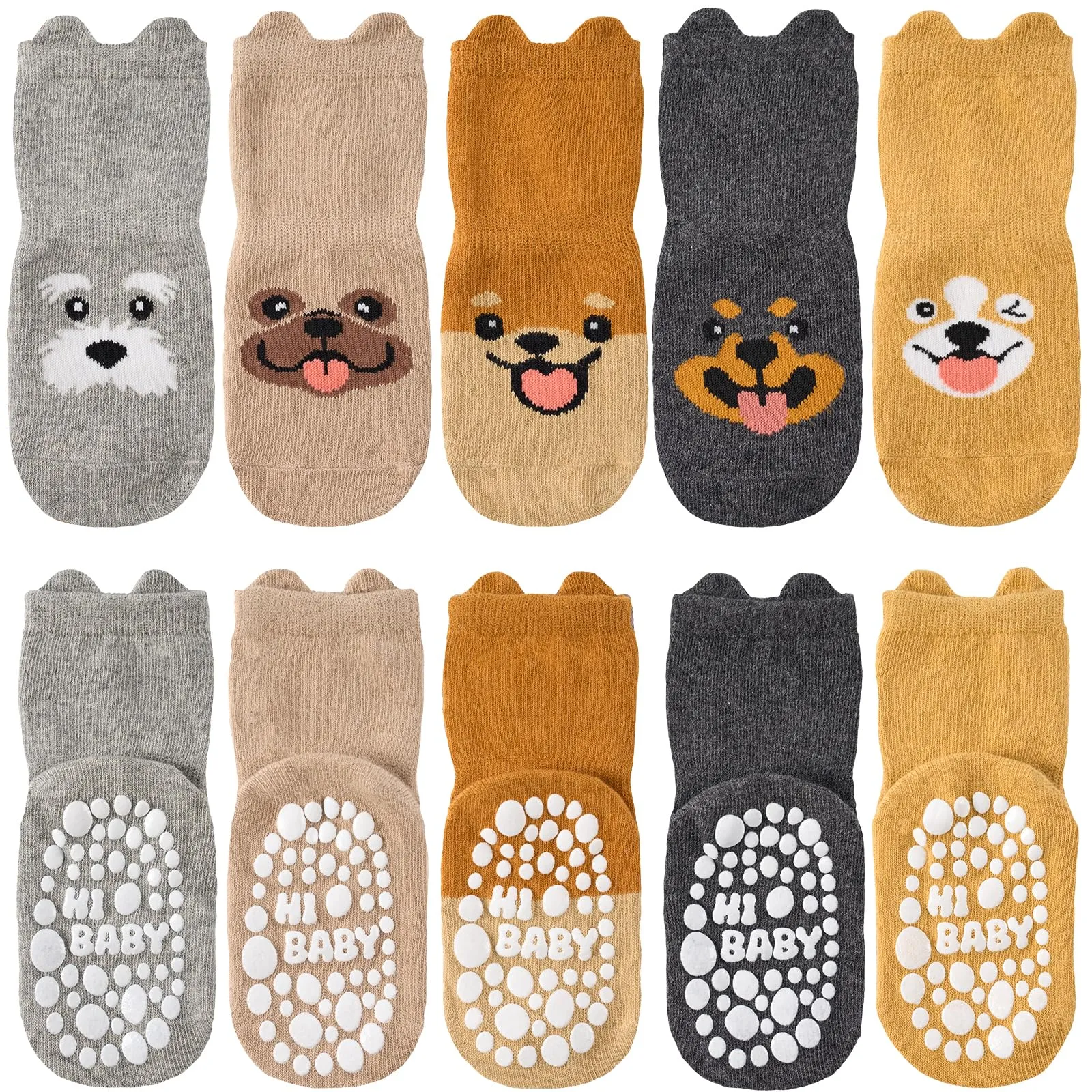 SockWaddles calzini antiscivolo bambino, 5 paia di calzini neonato in cotone traspirante con suola ABS, calze gattonanti per bambini e bambine con cane, 1-3 anni - immagine 1